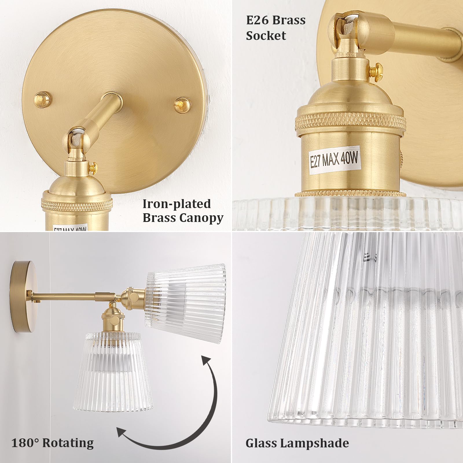 Shenmoyl Vintage Wall Sconce - Battery Operated, Remote Control, Glass Lampshade, Set of 2, Stripe Clear, Model 1-9330