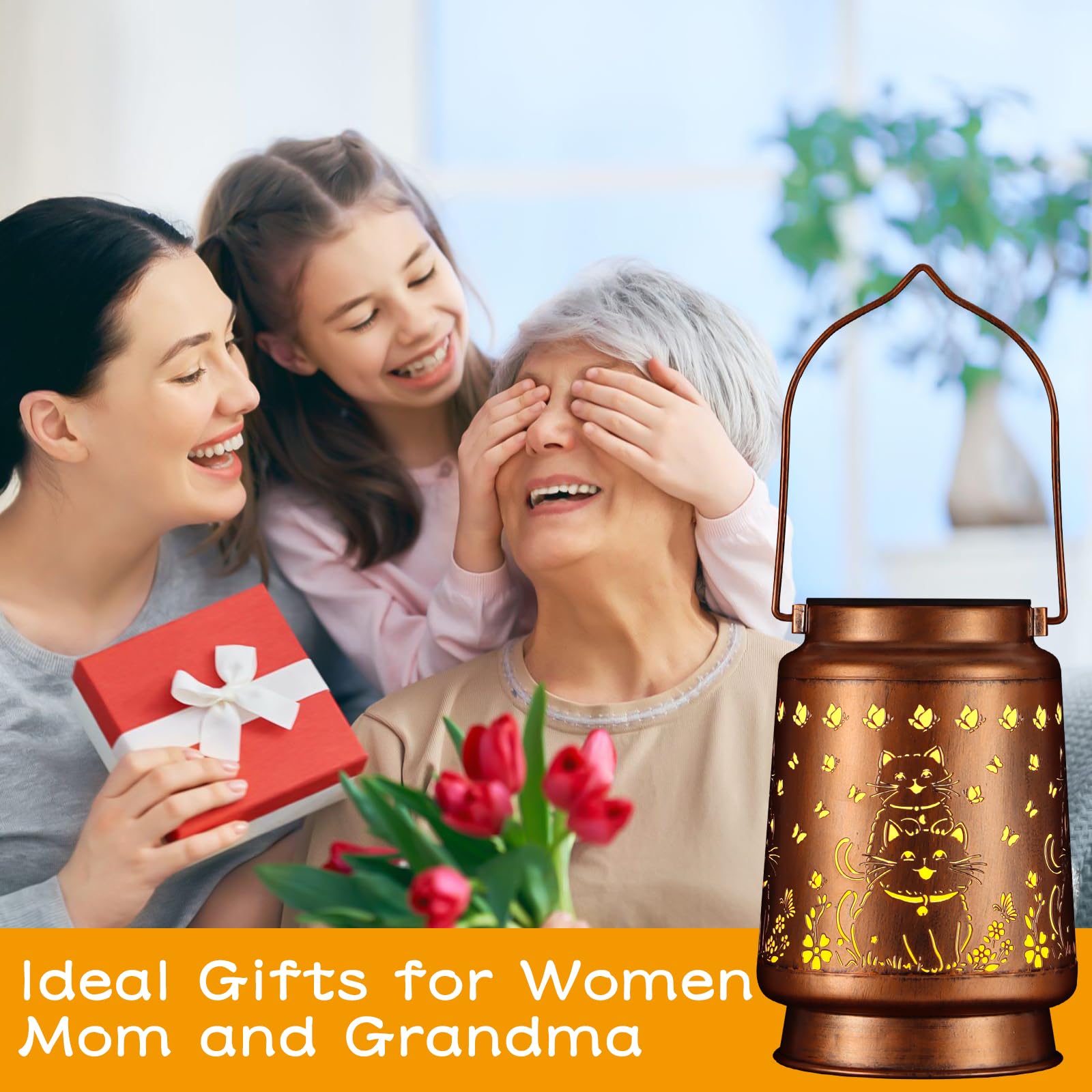 Solar Lantern Outdoor Hanging Waterproof Outside Metal Openwork Hummingbird Pattern Birthday Gifts For Women Mom Landscape Lights For Porch Garden Yard Patio Pathway Decor(Cat)