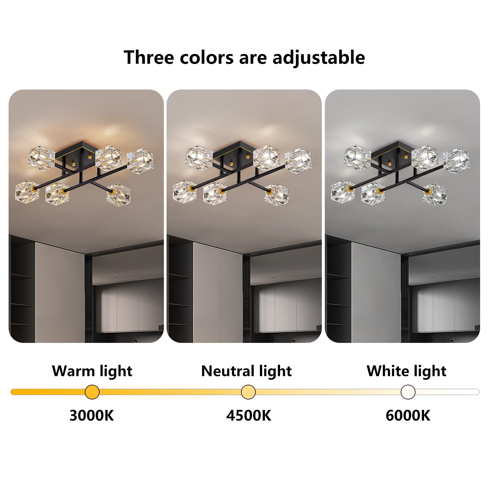 Semi Flush Mount Ceiling Light Fixture 6-Light Modern Crystal Chandeliers Black And Gold Farmhouse Lighting Fixtures For Dining Room Living Room Kitchen Bedroom Entryway