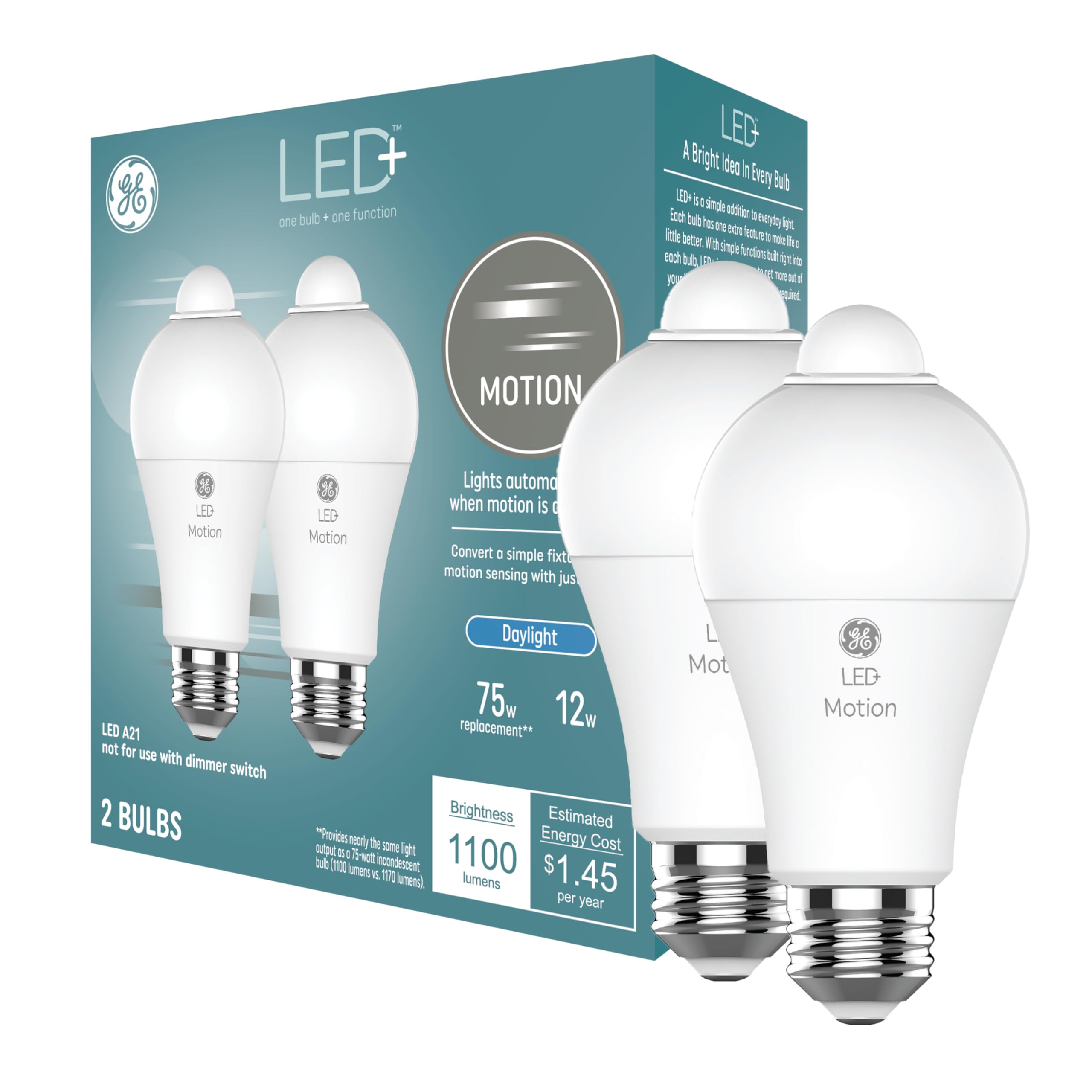 GE LED+ Motion Sensor Light Bulbs, Daylight A21, Pack of 2, Plastic