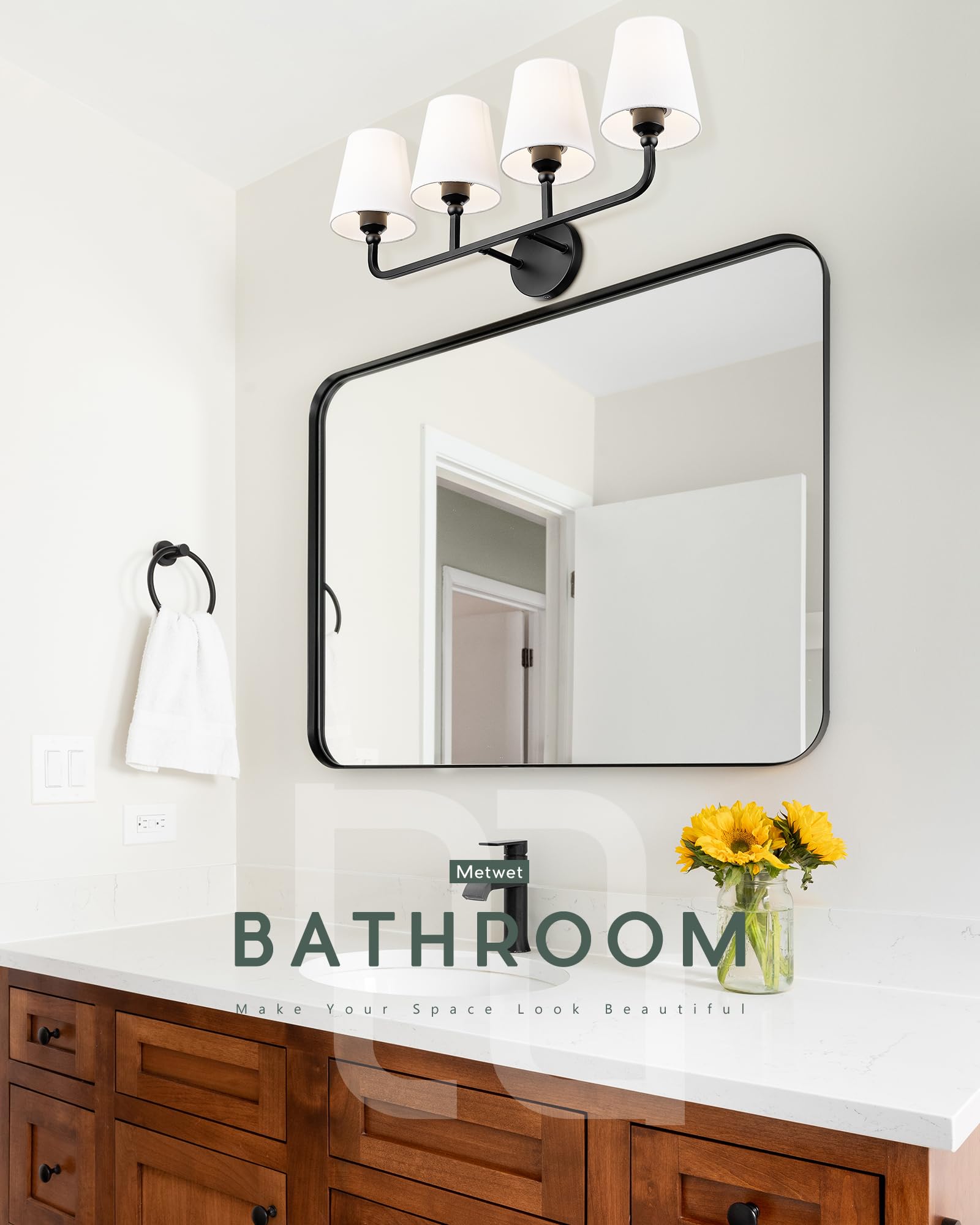 Metwet Bathroom Light Fixtures, 4 Light Matte Black Vanity Lights With Flared White Fabric Shade, 28 Inch Wall Sconce, Modern Sc