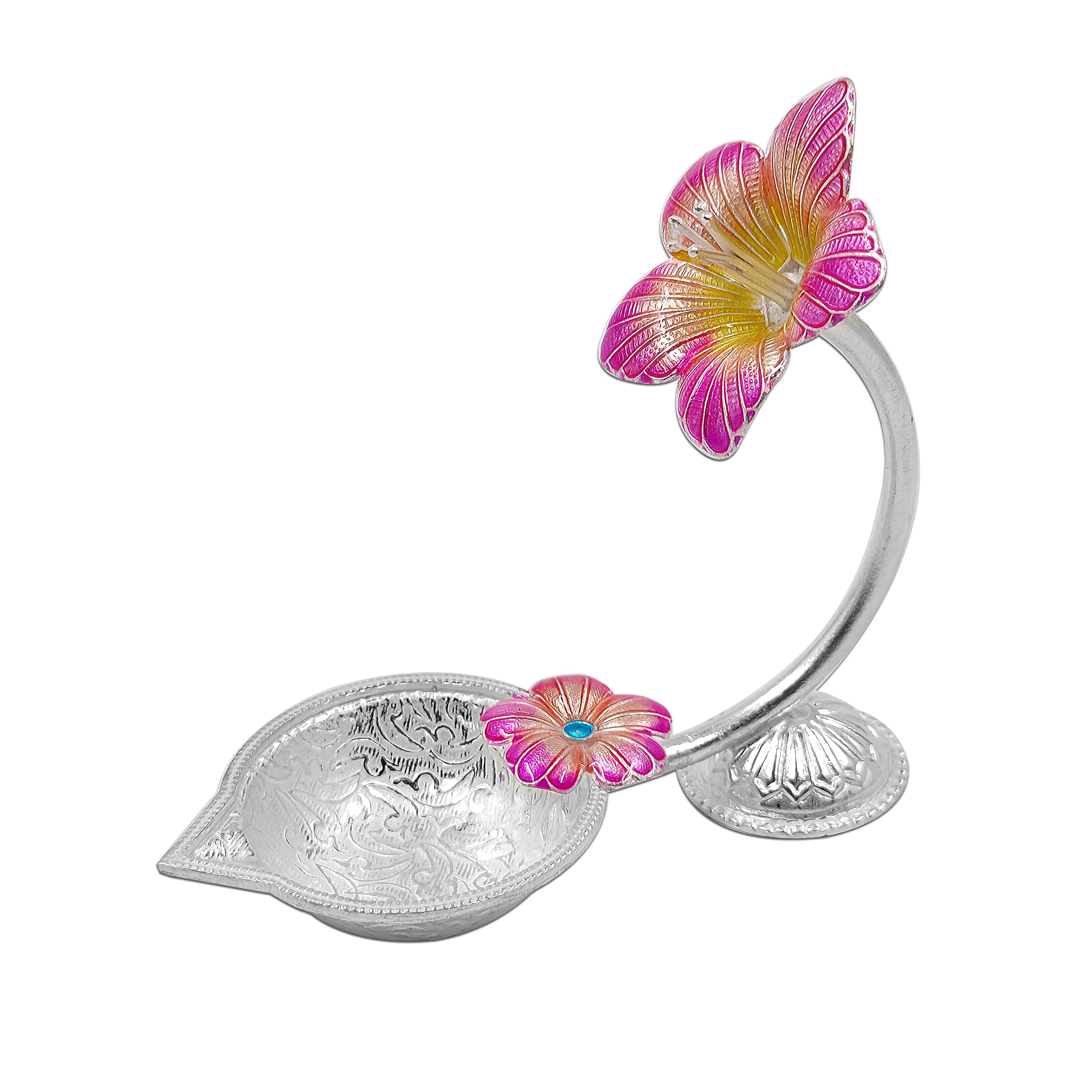 MAA SILVER Pure Silver Diya/Lamp/Deepak with Pink Hibiscus/Jaswanti Flower Design Perfect for Gift and Pooja Use (65 Purity)(27