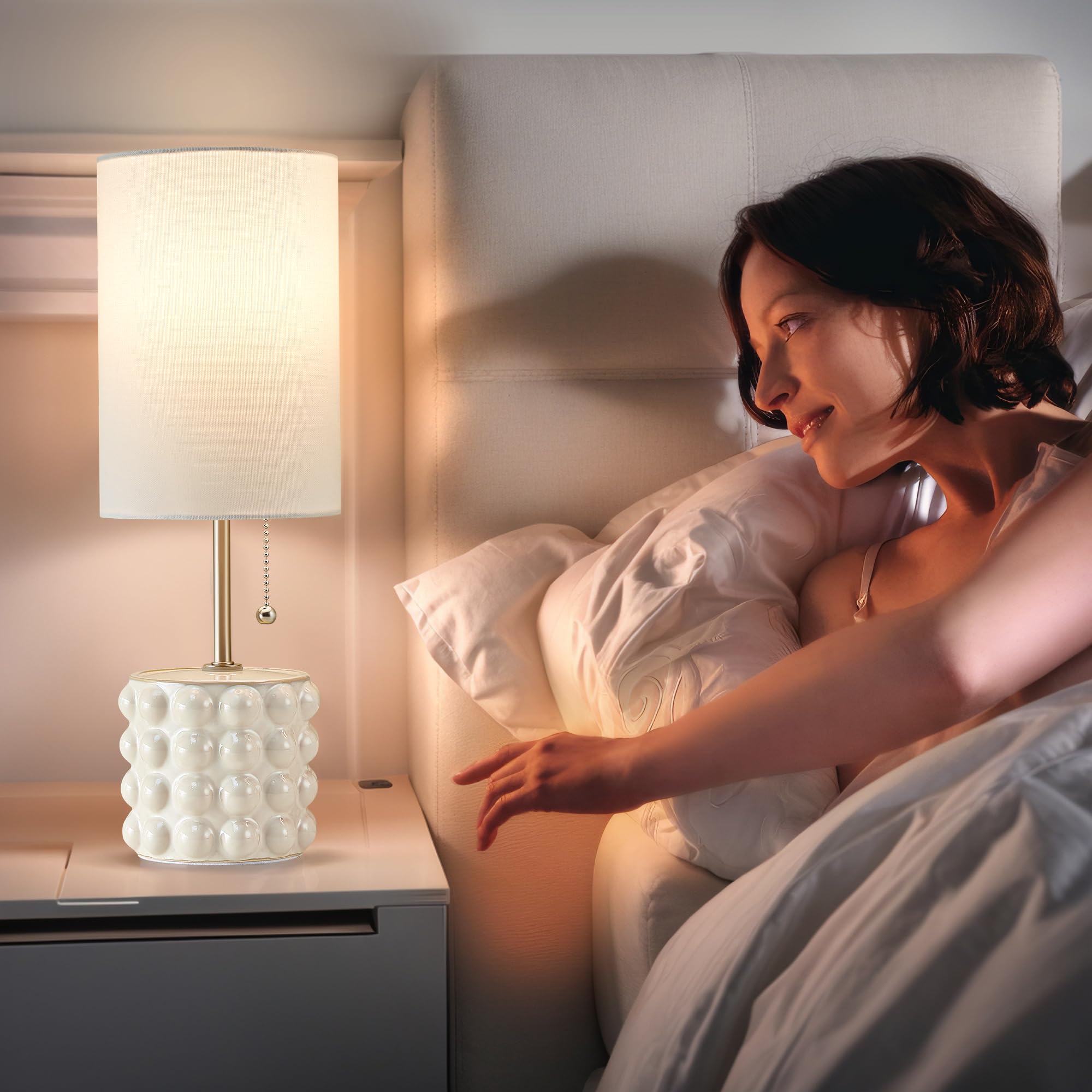 GyroVu Ceramic Table Lamp Set of 2, Modern White Nightstand Lamps with Fabric Shade, Ideal for Bedroom, Living Room, Office, 2 Bulbs Included