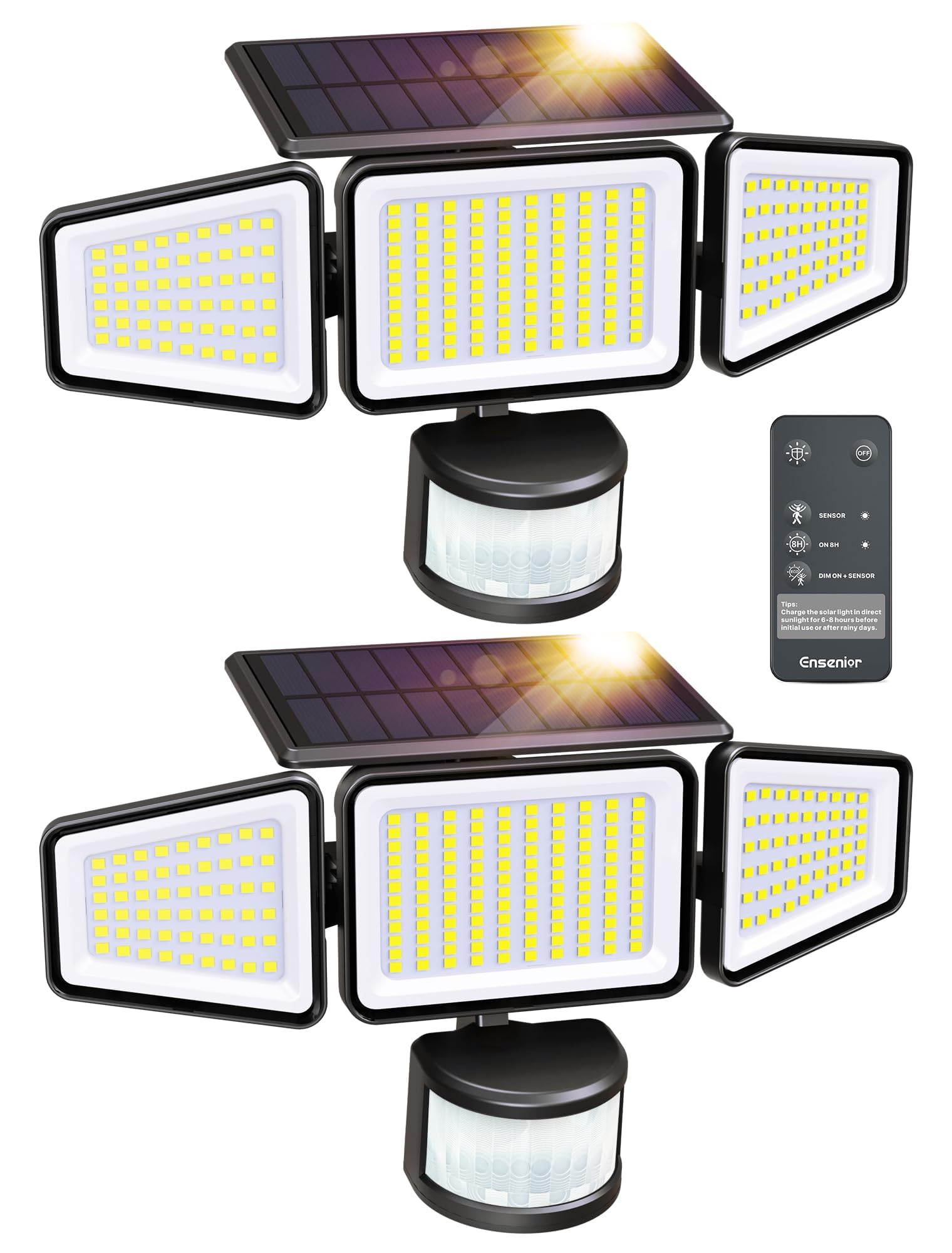 Ensenior Solar Motion Lights Outdoor  3000LM 228 LED High Brightness  Security Lights with Remote Control  IP65 Waterproof 3 Heads Flood Light 4 Modes  270 Wide Angle Motion Sensor Light  2 Pack