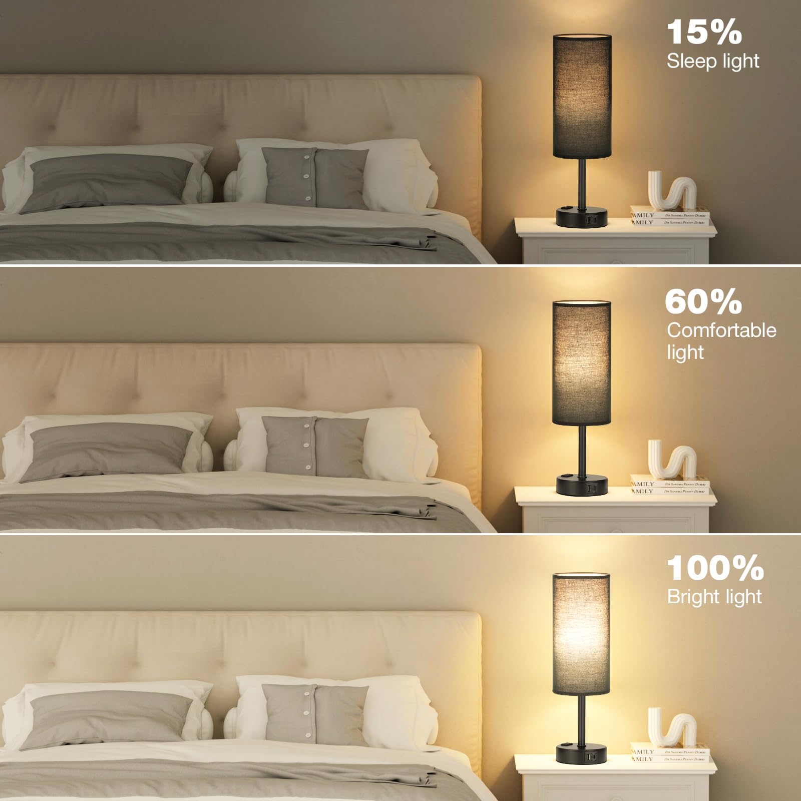 Fenmzee Black Bedroom Lamp For Nightstand - 3 Way Dimmable Bedside Lamp Usb C A Charging Ports And Ac Outlet, Small Table Lamp B