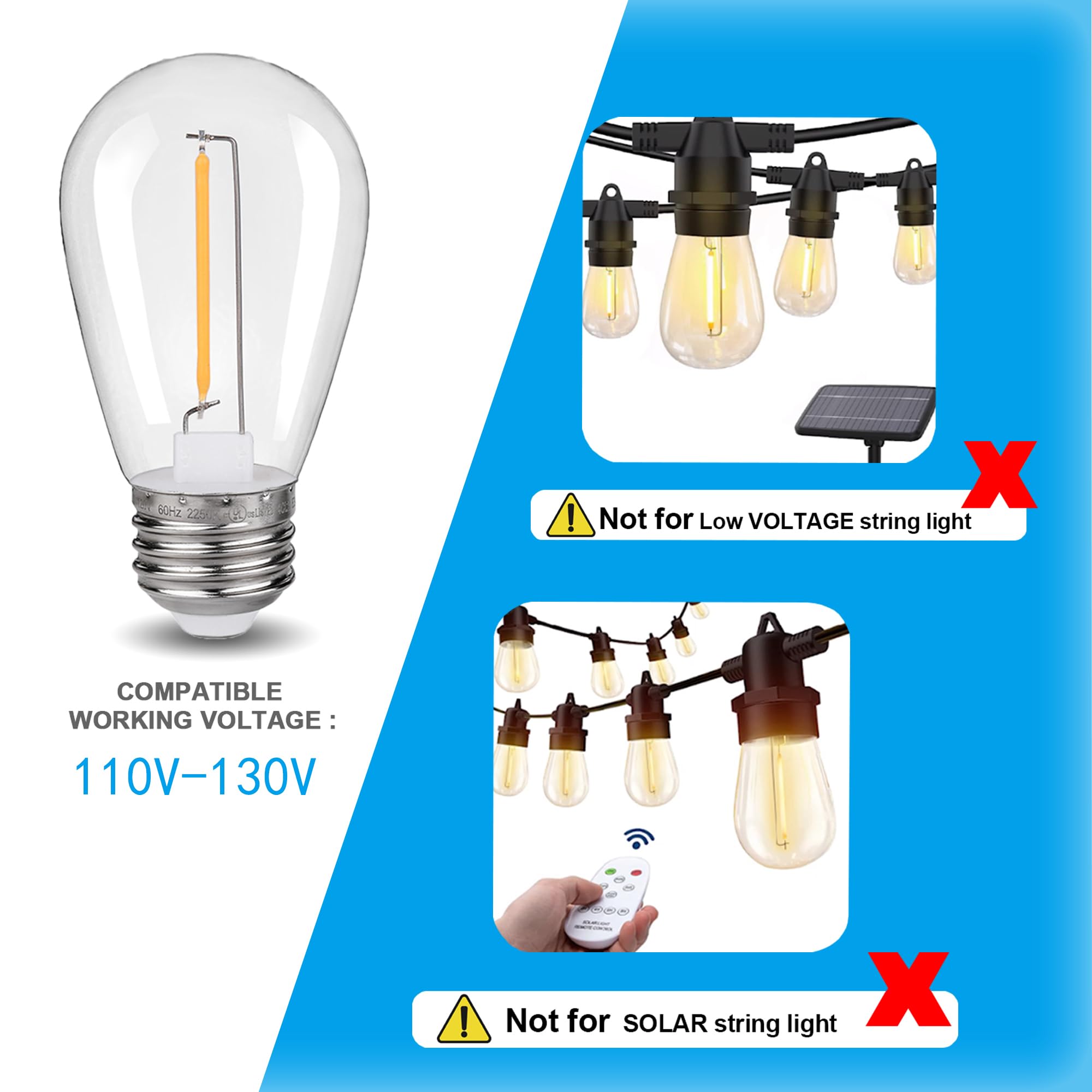 Kly 48-Pack 1W Led S14 String Light Bulbs, Plastic Shatterproof Replacement Edison Bulbs, Equivalent To 10W, Warm White 2200K E2