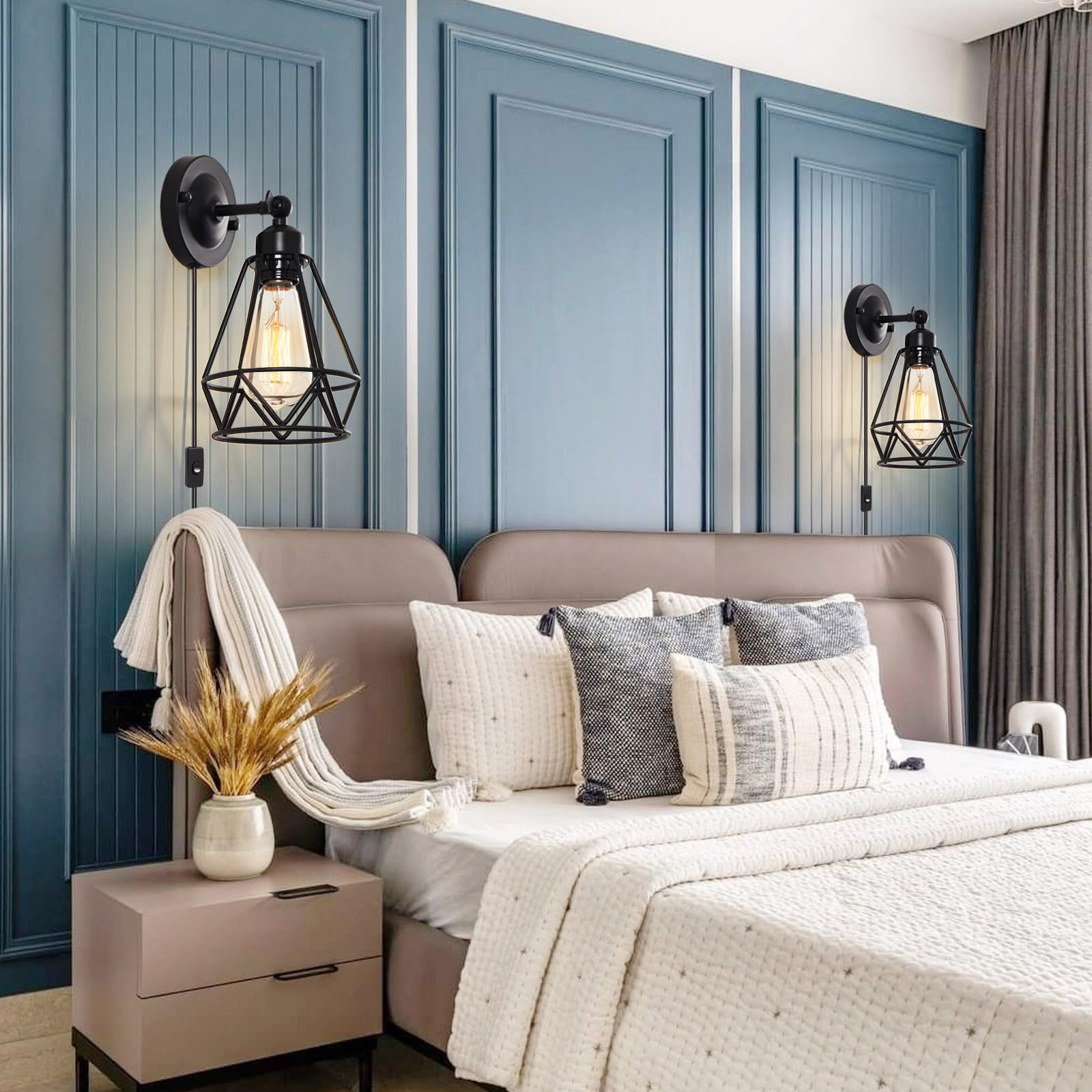 Yxth Industrial Black Plug-In Wall Sconce, Vintage Metal Light Fixture For Kitchen & Bedroom - 2 Pack