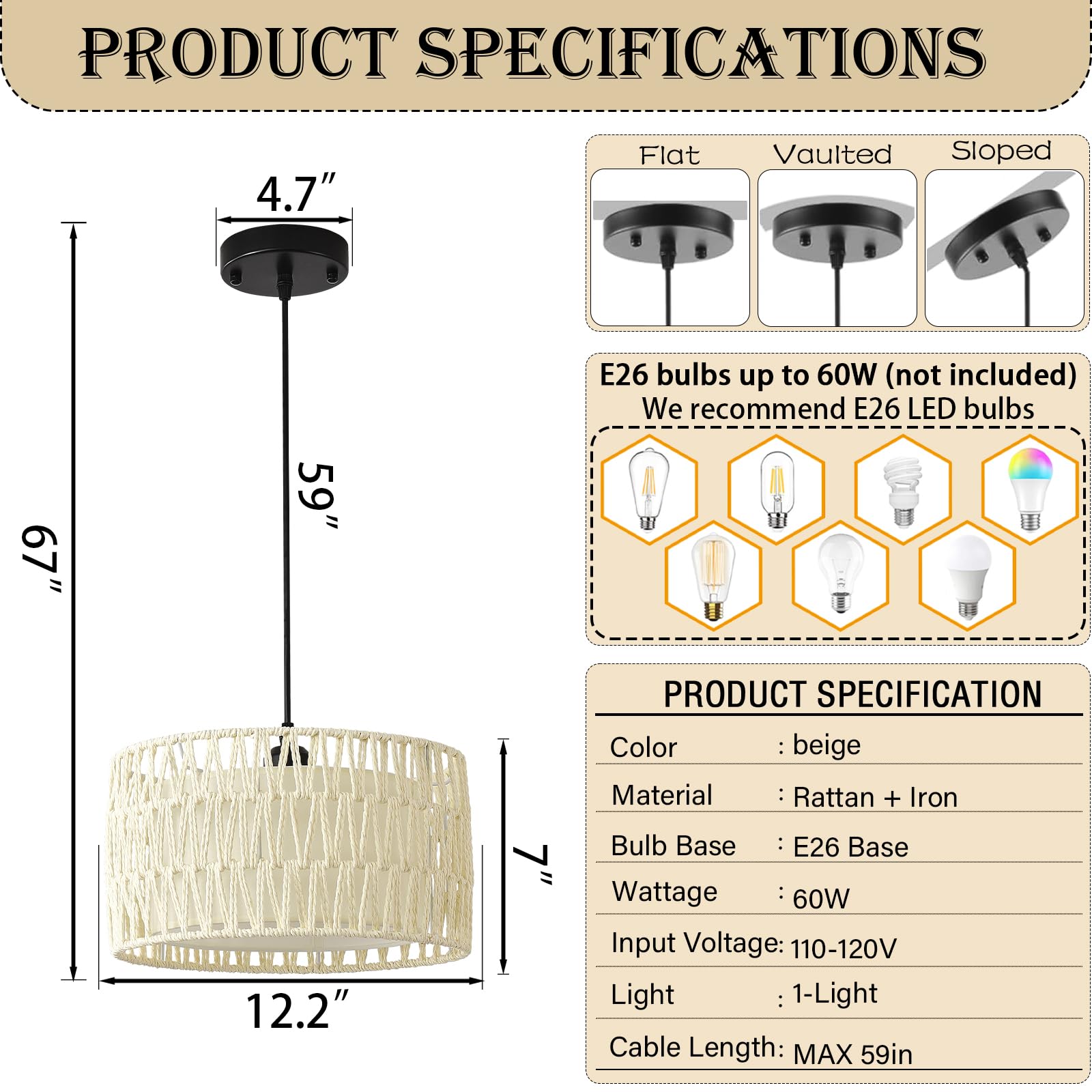 Jtyp Boho Rattan Chandelier Light Fixture, 1-Lights Farmhouse Pendant Light Hand Woven Chandeliers For Dining Room With Fabric S