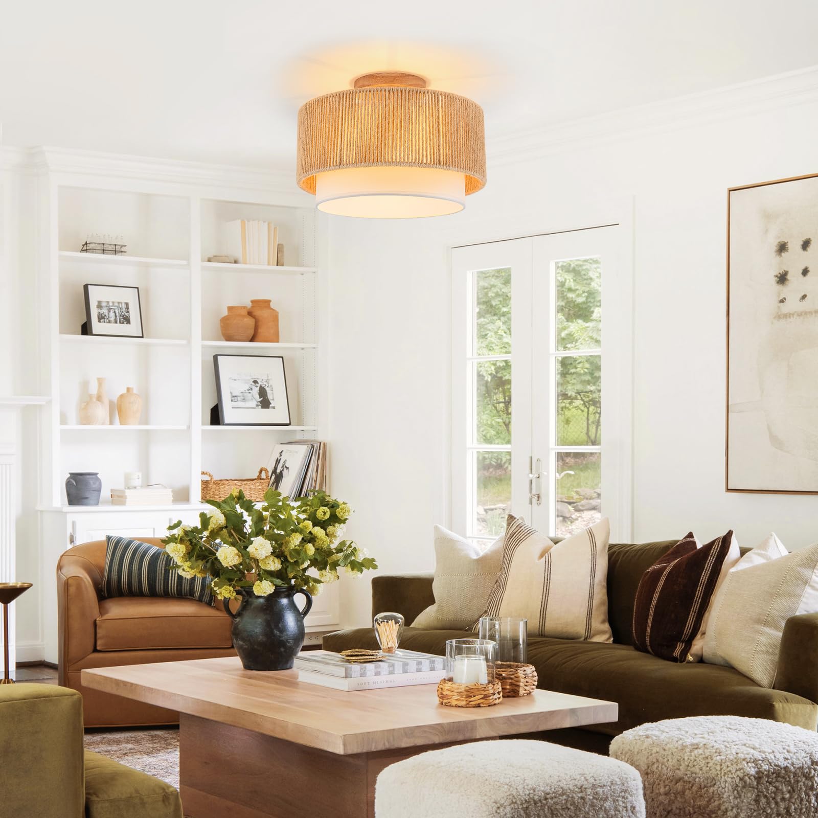 Sinerise 12'' Rattan Flush Mount Ceiling Light Fixture,2-Tier Drum Hand-Woven Boho Flush Mount Ceiling Light,Farmhouse Light Fix