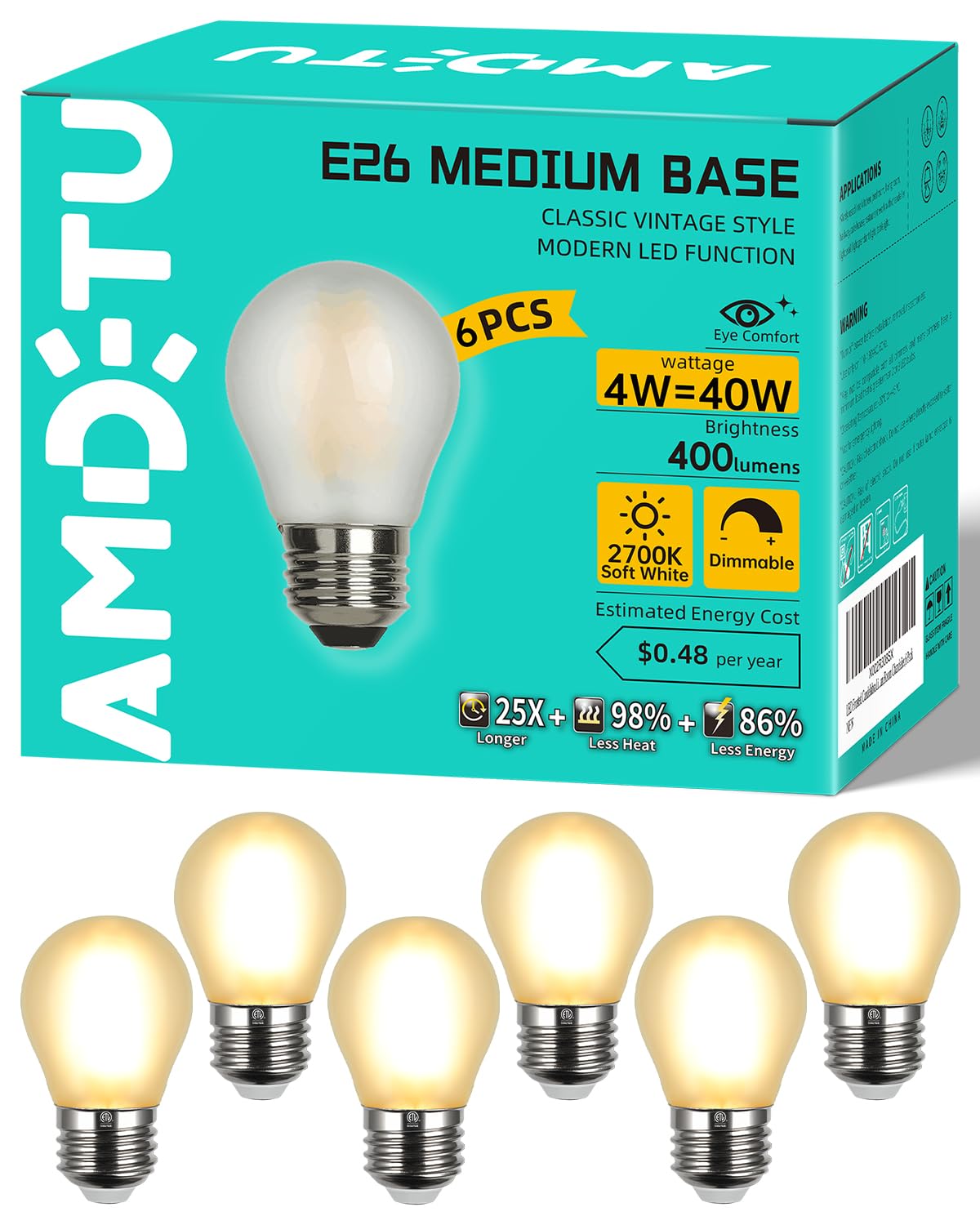 Vintage Led Edison Short Small Light Bulb 40W Dimmable E26 Globe 2700K Soft White Frosted 40 Watt Warm Standard Medium Base G45 