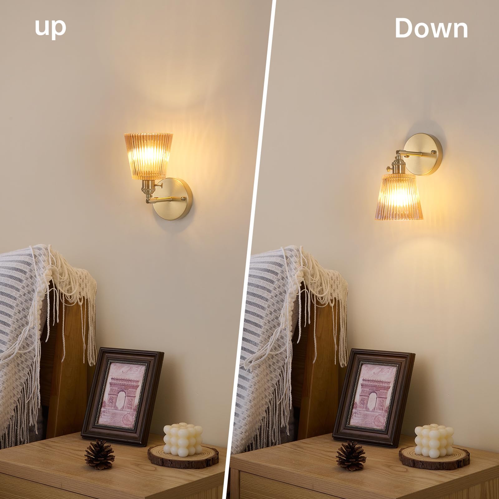 Shenmoyl Vintage Wall Sconce - Amber Stripe Glass, Hardwired, 180° Adjustable, Modern Lighting Fixture For Bedroom And Doorway