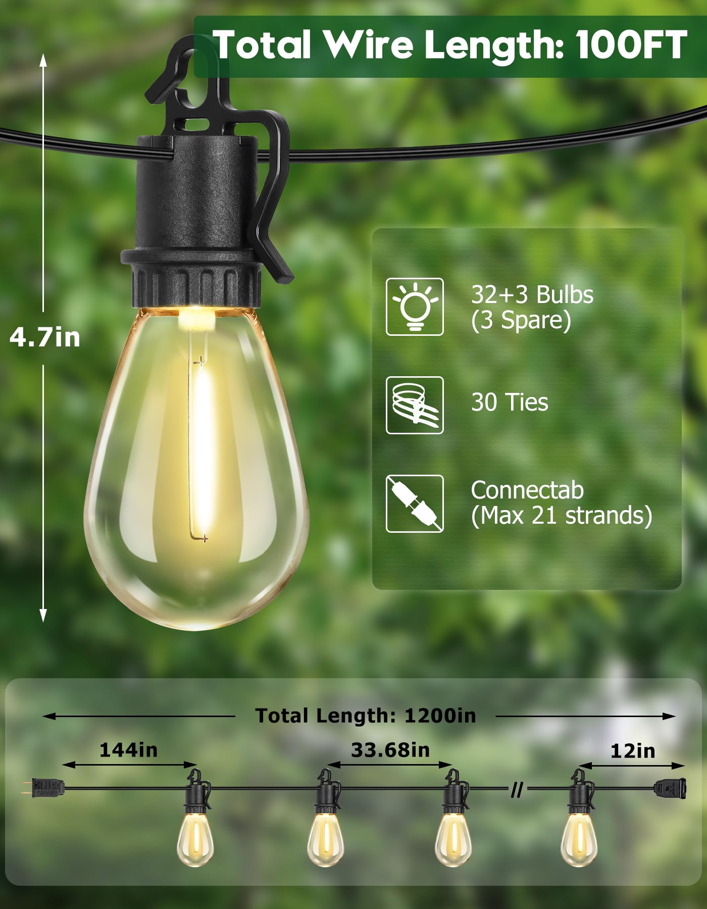 TDLOL Outdoor String Lights, 100FT, 35 Shatterproof Edison Bulbs, Dimmable, IP55 Waterproof, Model GYPC-O32LAU