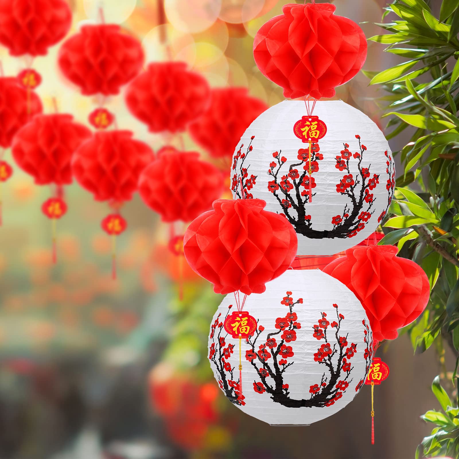 Mudder 20 Pieces Chinese Japanese Paper Lanterns Includes 12 Inch Cherry Flowers Paper Lanterns 7.5 Inch Chinese Red Lanterns Fo