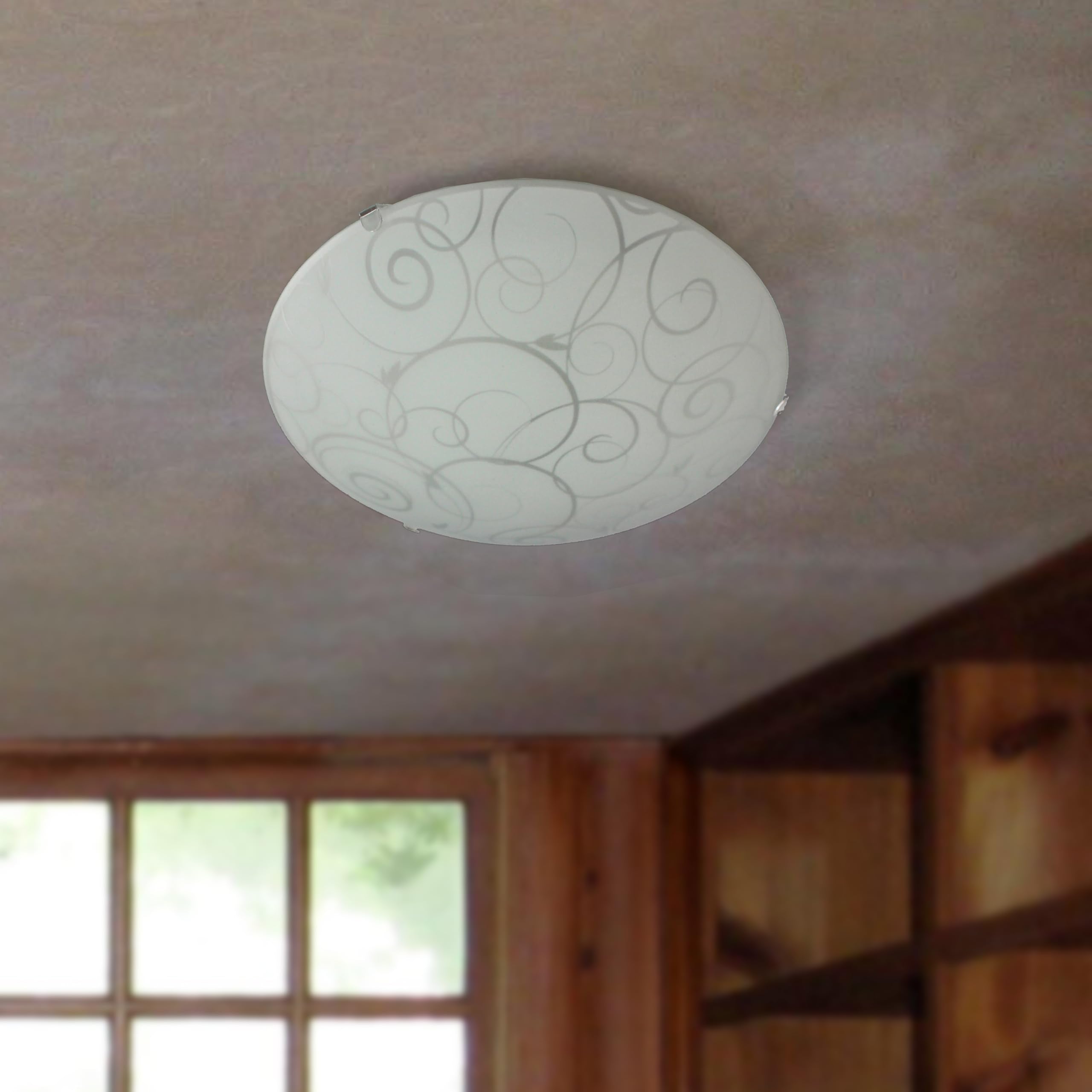 Simple Designs Fm3000-Wht Round Flushmount Ceiling Light, White Glass, 1 Count, Scroll Swirl Design