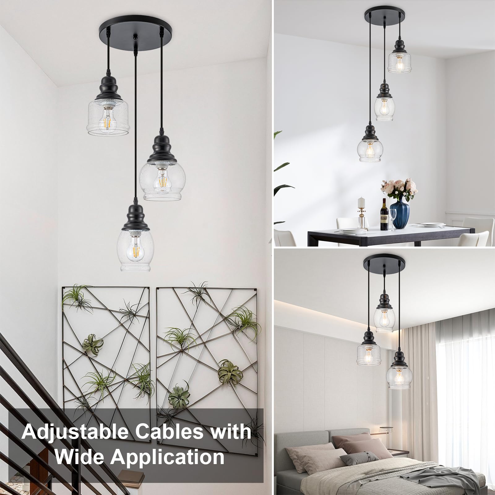 Wilon 3 Light Pendant Light Fixtures, Pendant Lighting For Kitchen Island Industrial Hanging Pendant Lighting With Seeded Glass
