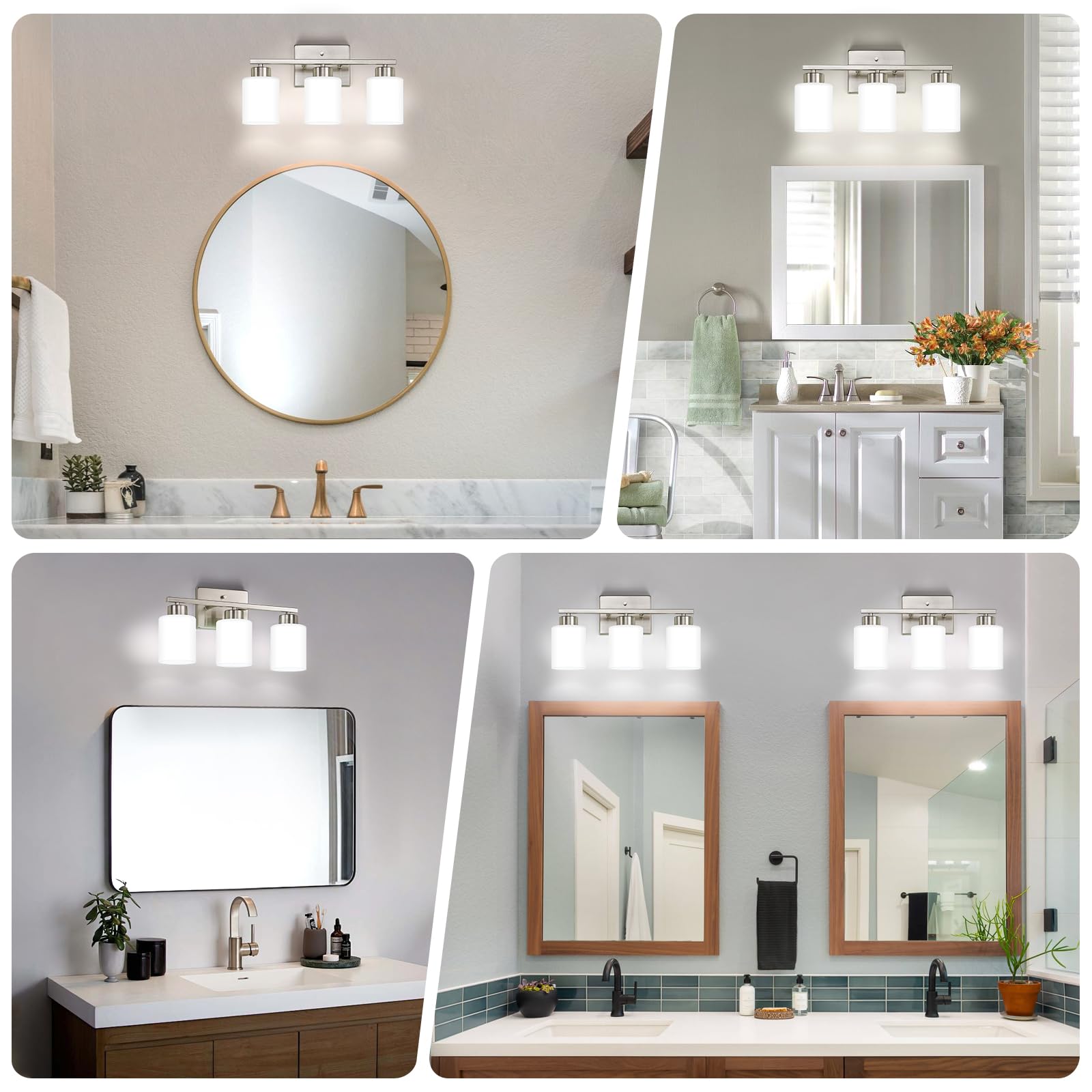 Fonmyim Brushed Nickel Bathroom Light Fixtures, 3-Light Modern Vanity Light Over Mirror, Wall Sconces With Milky White Frosted G