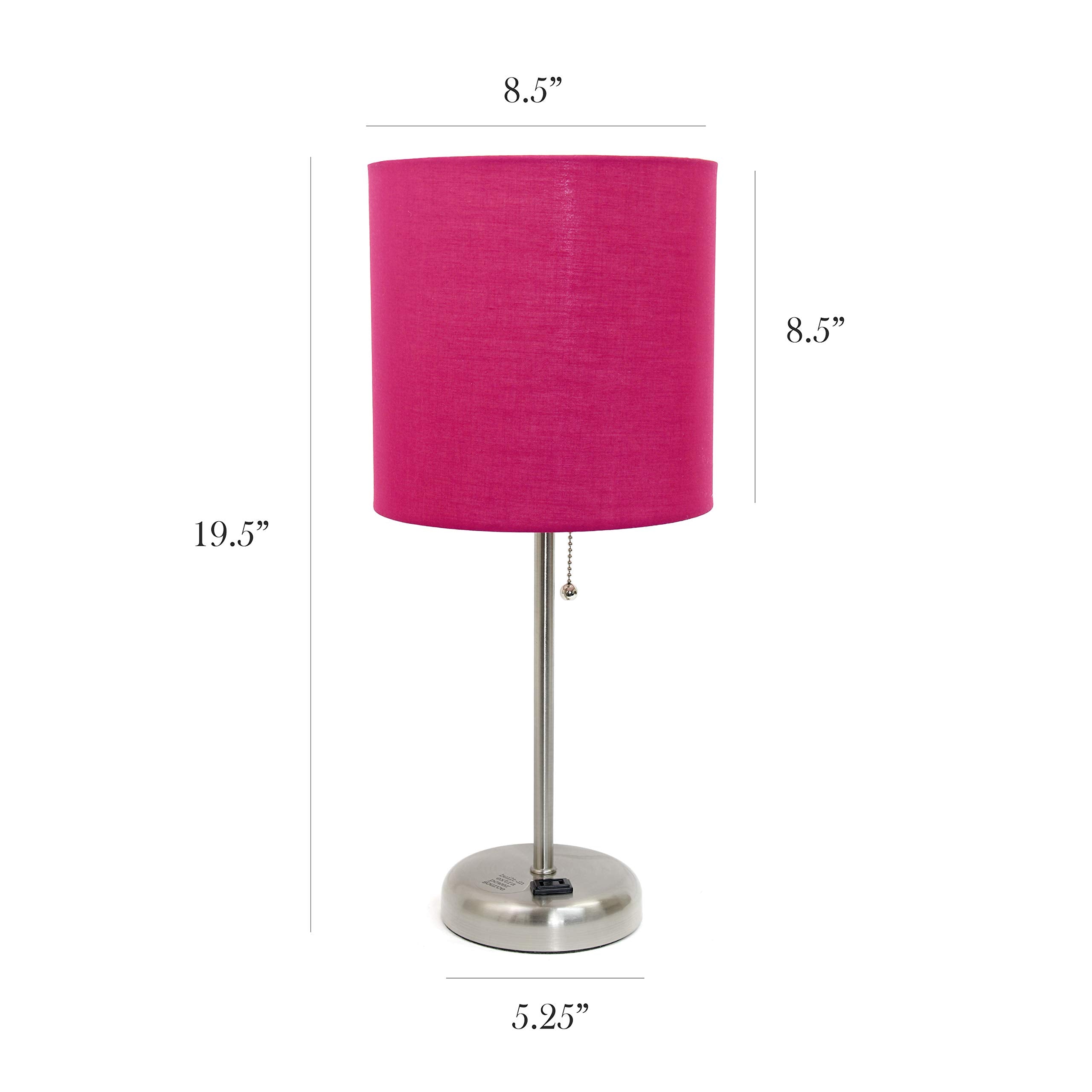 Simple Designs Lc2001-Pnk-2Pk Brushed Steel Stick Table Lamp Set With Charging Outlet And Pink Fabric Shades, 2 Pack Set