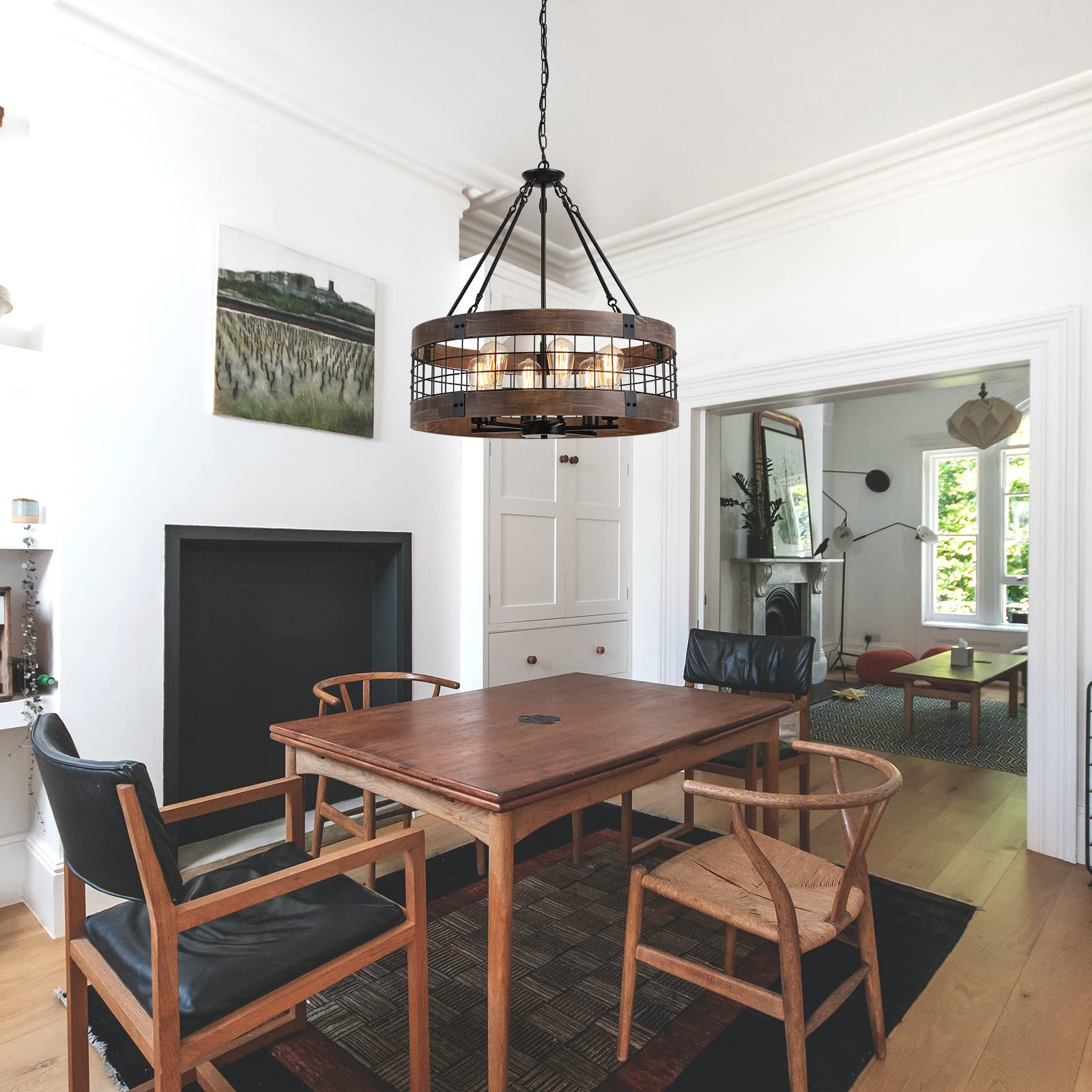 LamQee 24" Farmhouse Chandelier, 6-Light Pendant with Wood & Black Metal Shade, Adjustable Height Lighting for Kitchen & Entryway