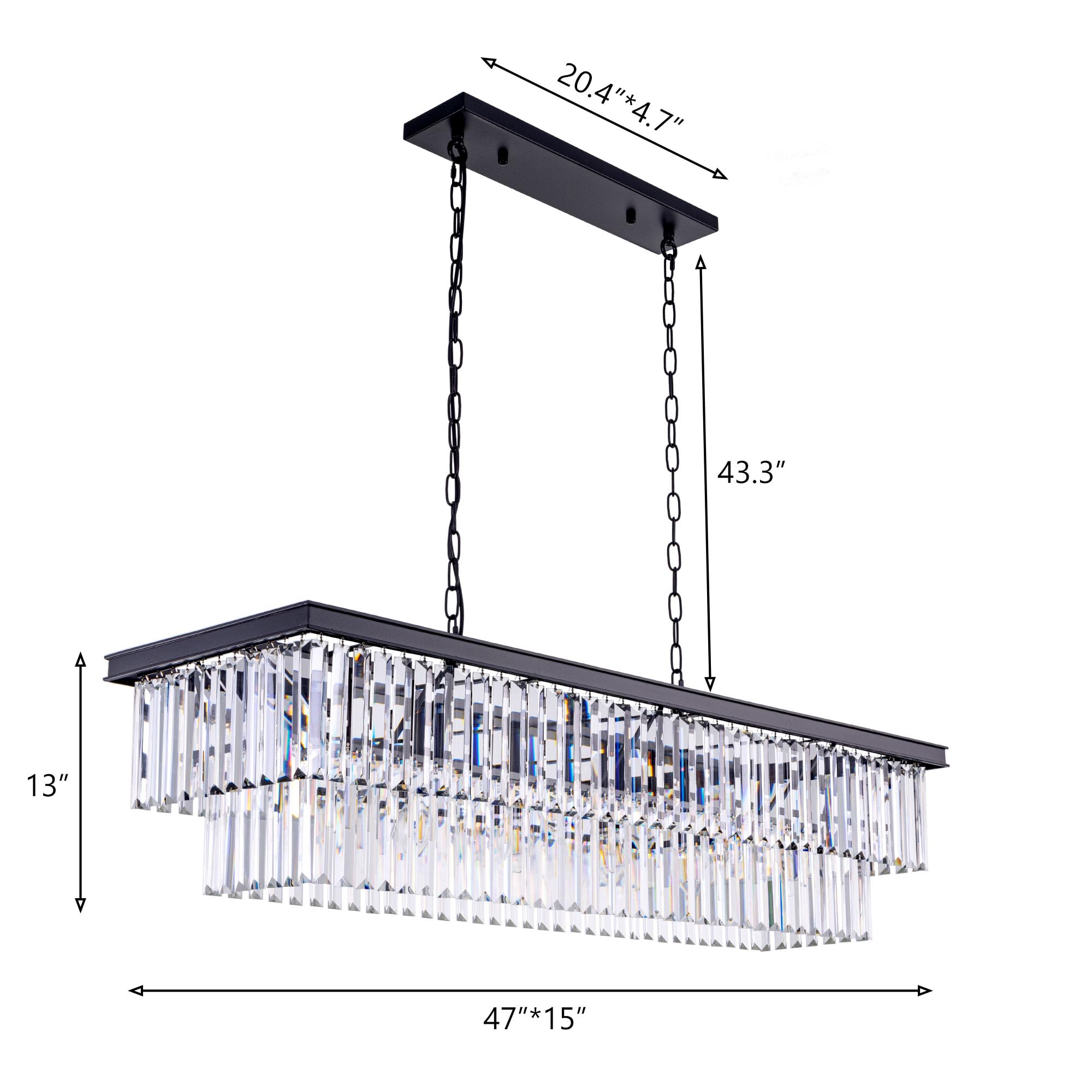 Wellmet 47-Inch Black Crystal Chandelier, 11-Light Modern Rectangular Metal Fixture for Dining Room, Living Room, Kitchen Island