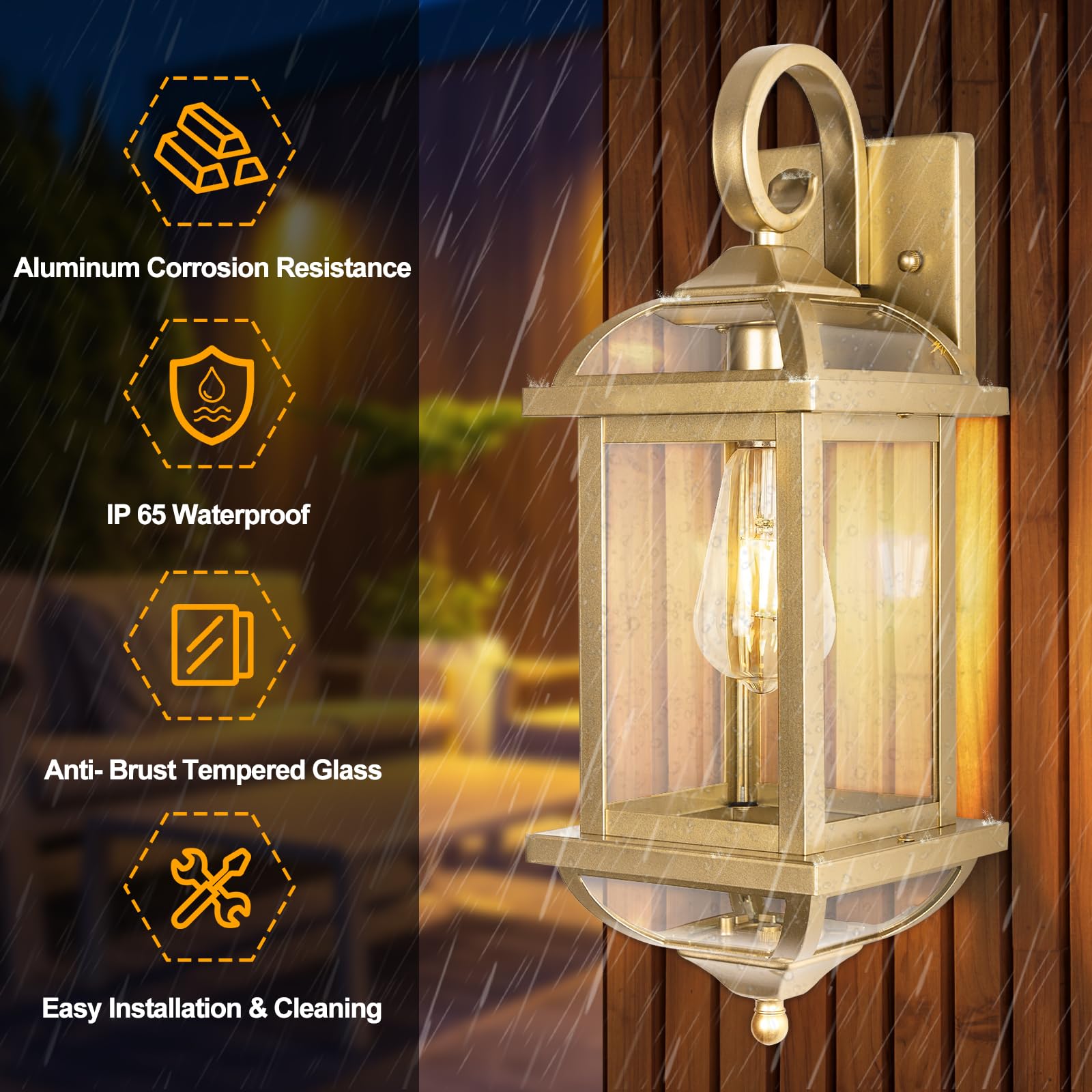 Roravilila 2-Pack 18” Gold Outdoor Wall Lights, Waterproof Brass Lanterns With Clear Glass