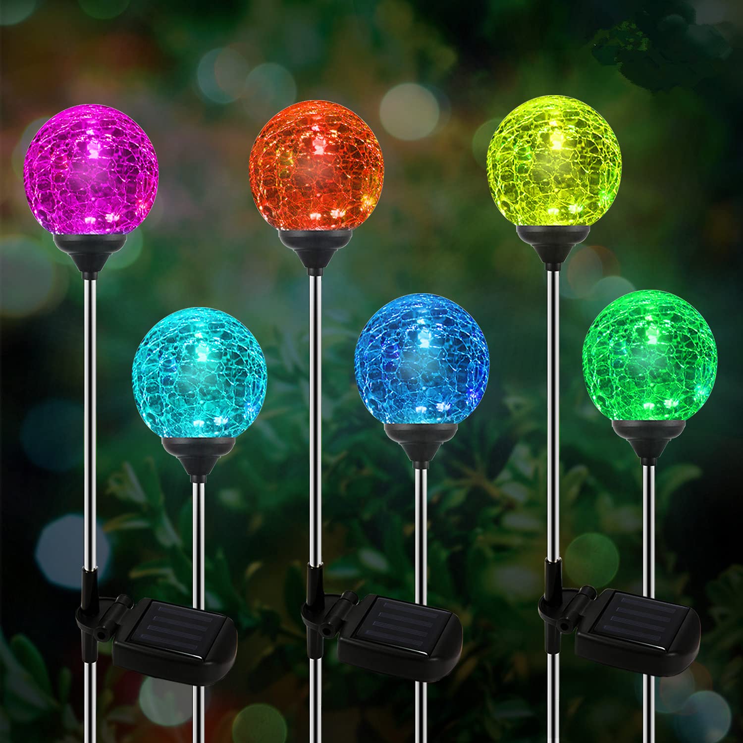 Crystal Cracked Glass LED Garden Globe Light - 6 Pack Color-Changing Solar Stake Ball Light Auto On/Off, Perfect for Landscape,