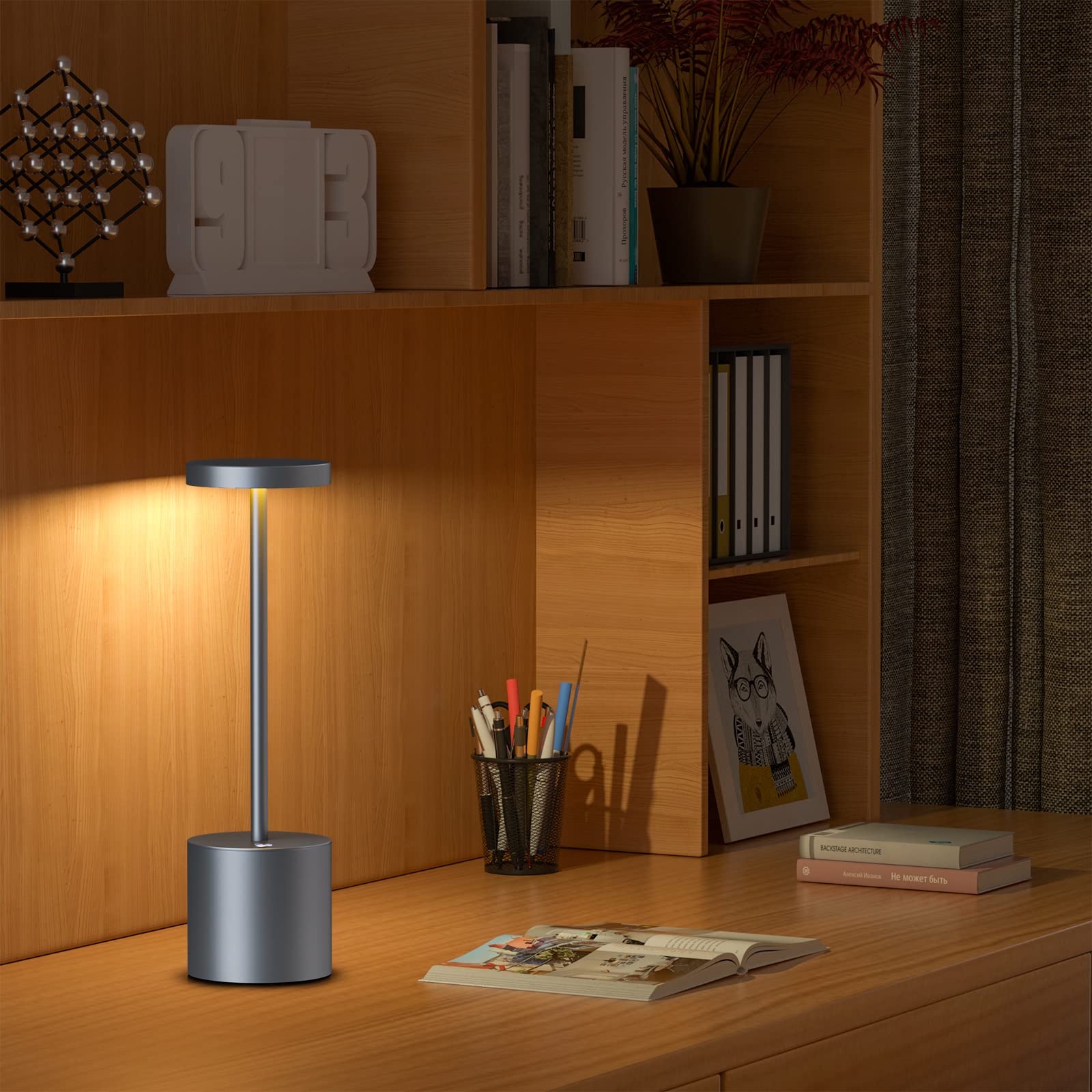 SAKRINGT Cordless Table Lamp, 5000mAh Rechargeable, 3 Color Stepless Dimming, Portable LED Light, 2 Pack, Grey