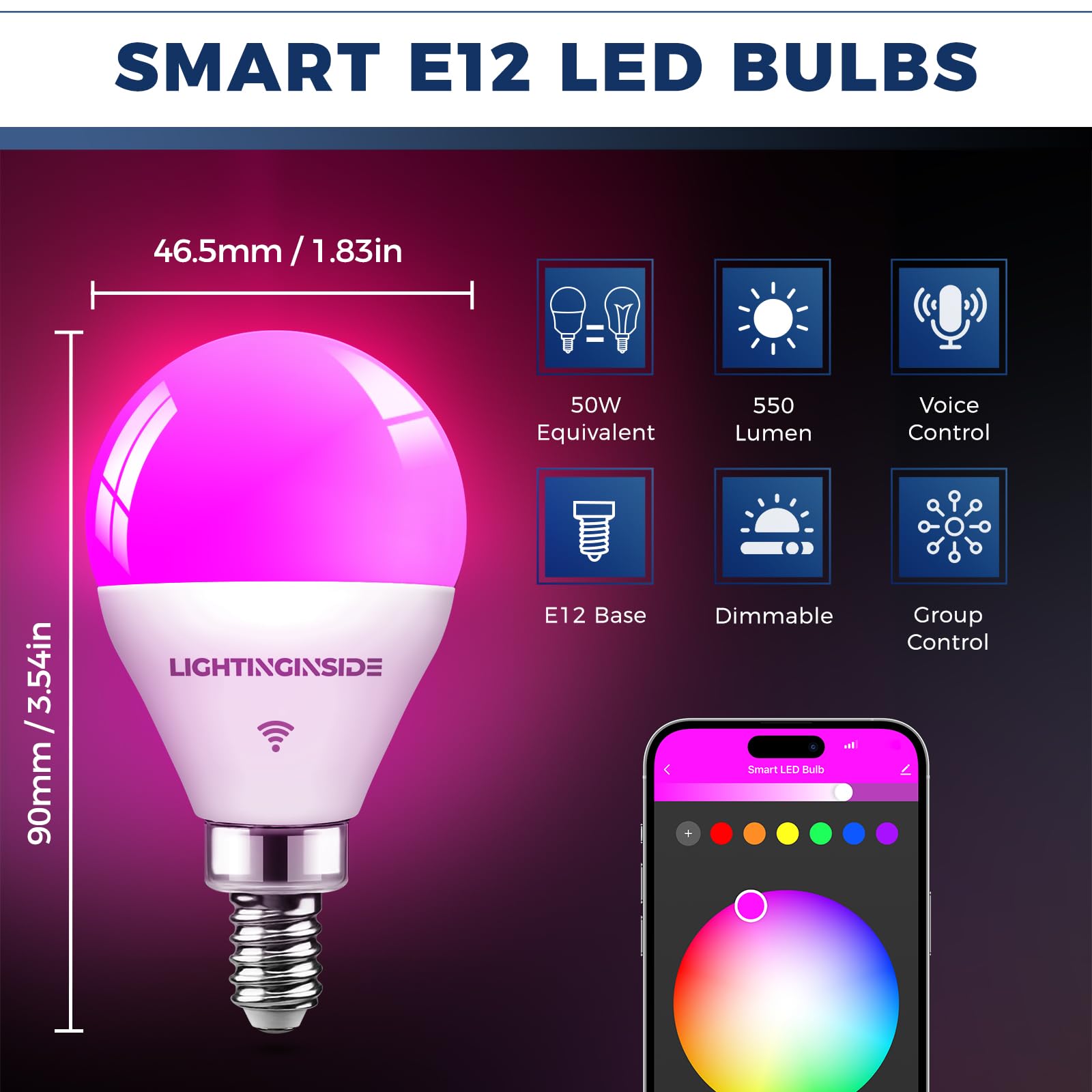 Lightinginside E12 Smart Light Bulbs, 50W Equivalent, RGBCW, 4 Count, G16.5, Works with Alexa/Google Home, ETL Listed