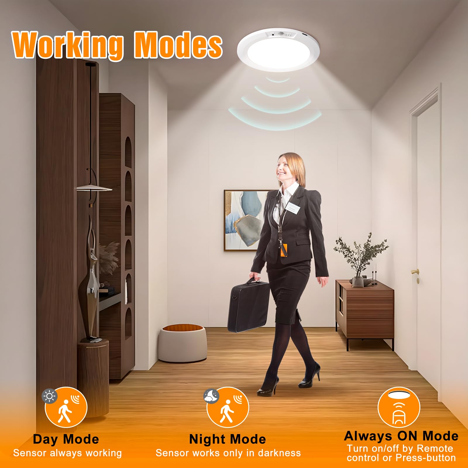 Ktpugorn Rechargeable Motion Sensor Ceiling Light, 2 Pack, Acrylic, 3 Color Temperature, Battery Operated with Remote for Closet, Bathroom, Hallway