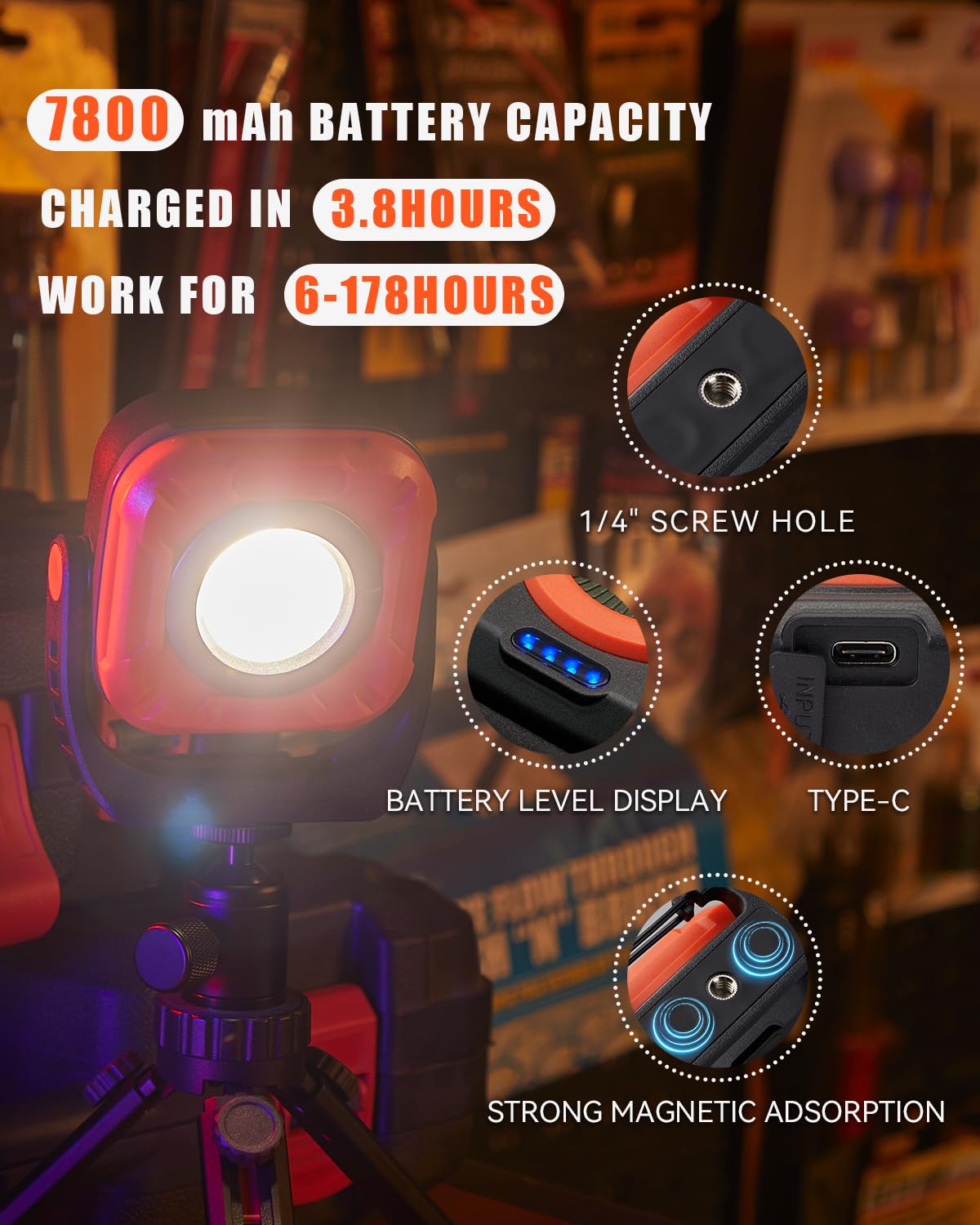 Sunrei 1300Lm Led Magnetic Work Light With Stepless Dimming, 7800Mah Cob Mechanic Flashlight, Ipx65 Recharge Floodlight With Hoo