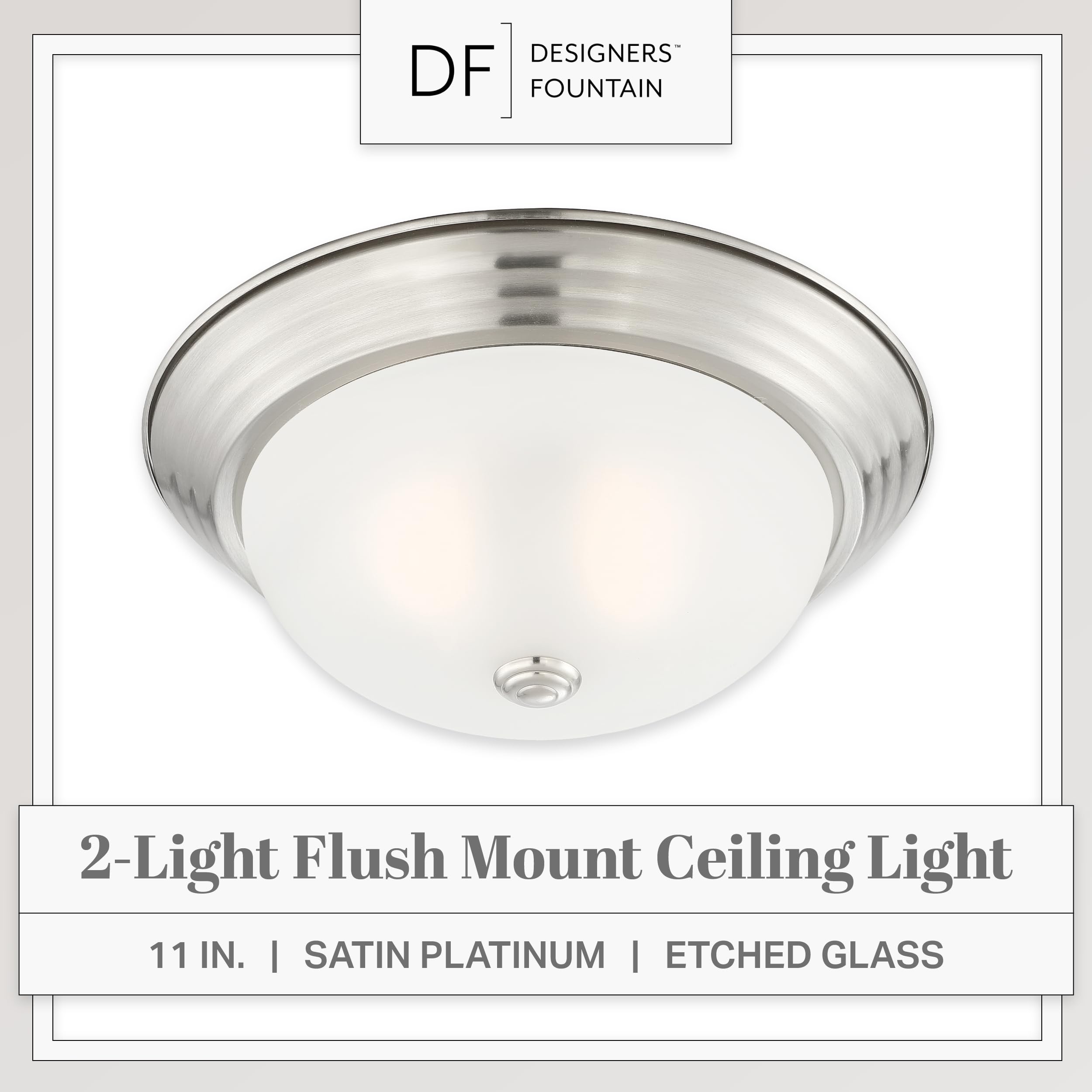 Designers Fountain 2-Light Flush Mount Ceiling Light, 11 Inch Lighting Fixture For Kitchen, Bedroom, Bathroom, And Hallway, Satin Platinum With Etched Glass, 1257S-Sp-W