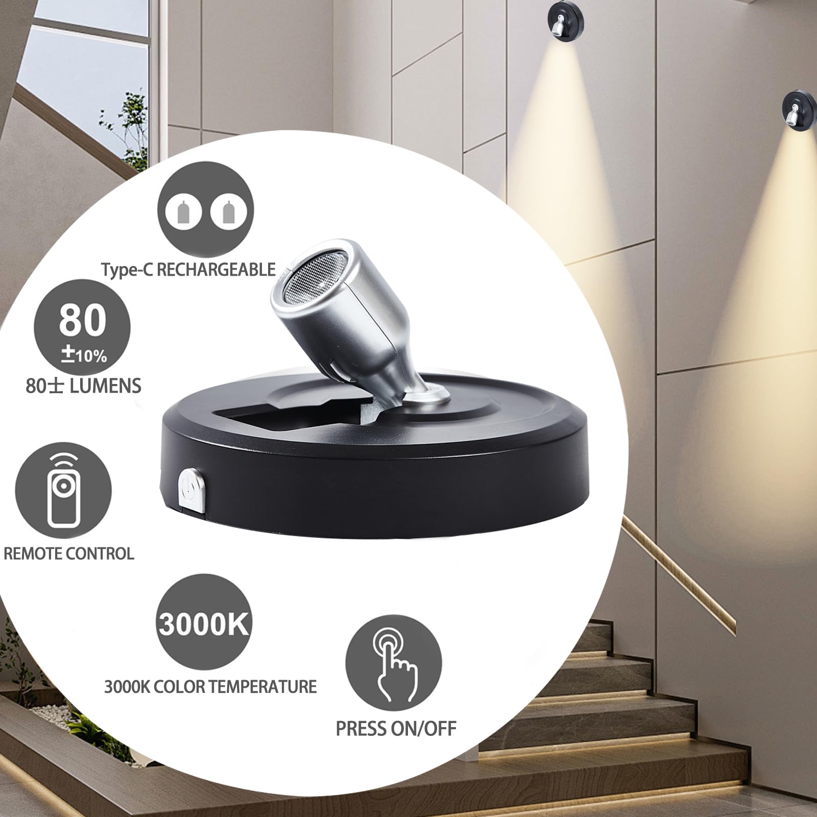 HOFUY Wireless LED Rechargeable Spotlight, Dimmable Indoor Puck Light, USB-XSpot-HY, Rechargeable Black-S