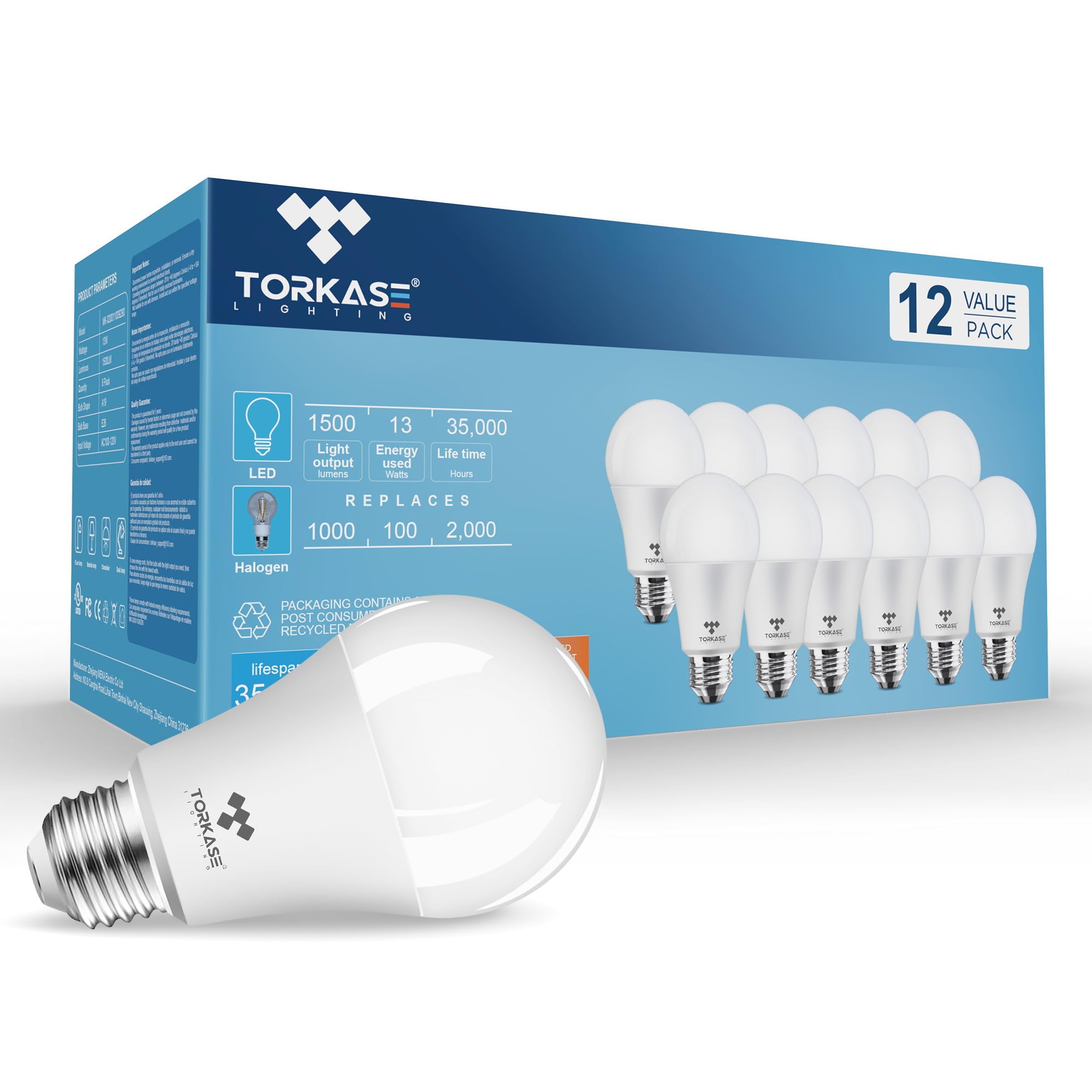 Torkase LED Bulbs 12-Pack, 100W Replacement A19, 2700K Soft White, 1500LM, UL Listed, E26 Base, 30000 Hours Lif