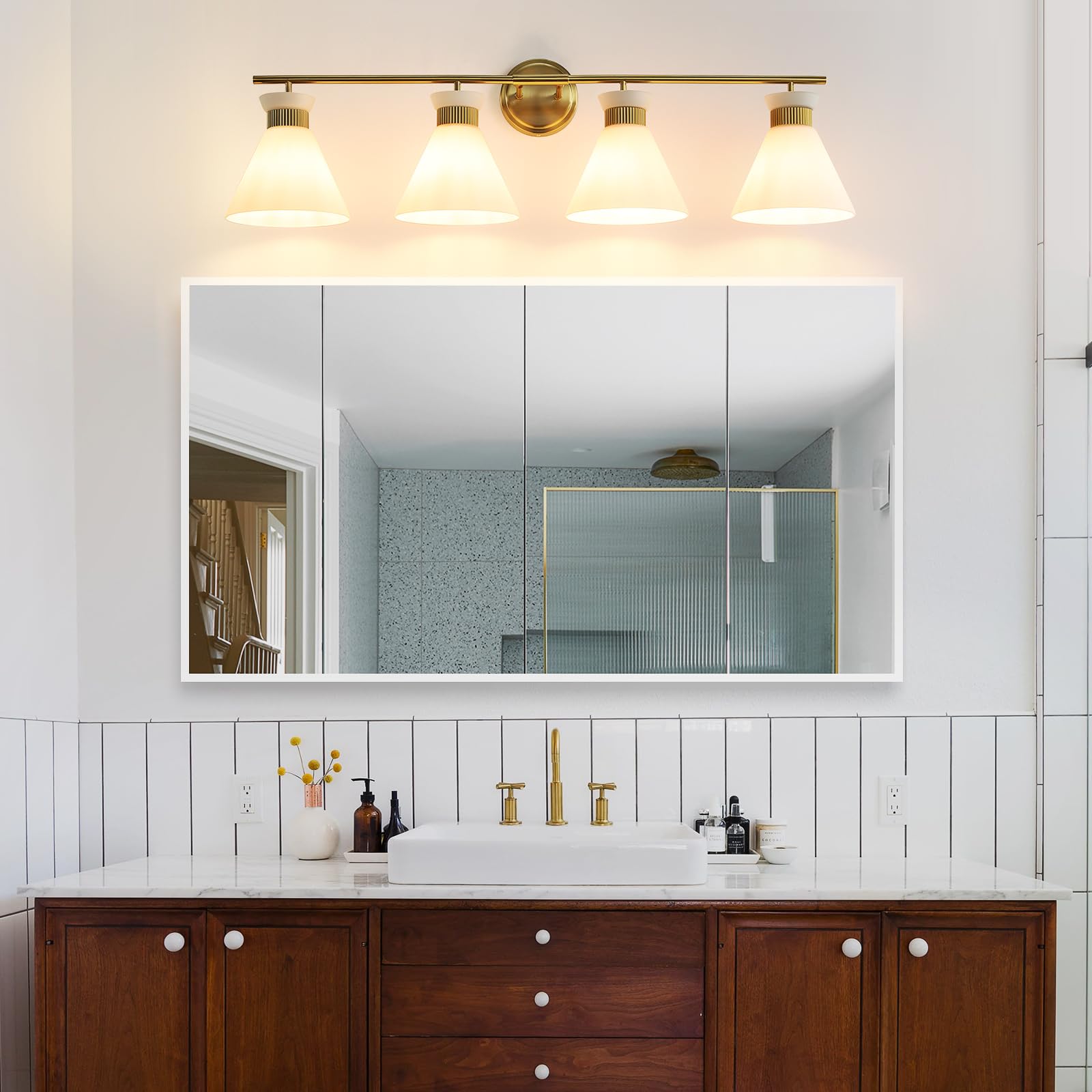 Woshitu Bathroom Vanity Light - 4-Bulb Mid Century Modern Sconce, Brass Gold, Frosted Glass, Metal, Over Mirror Lighting
