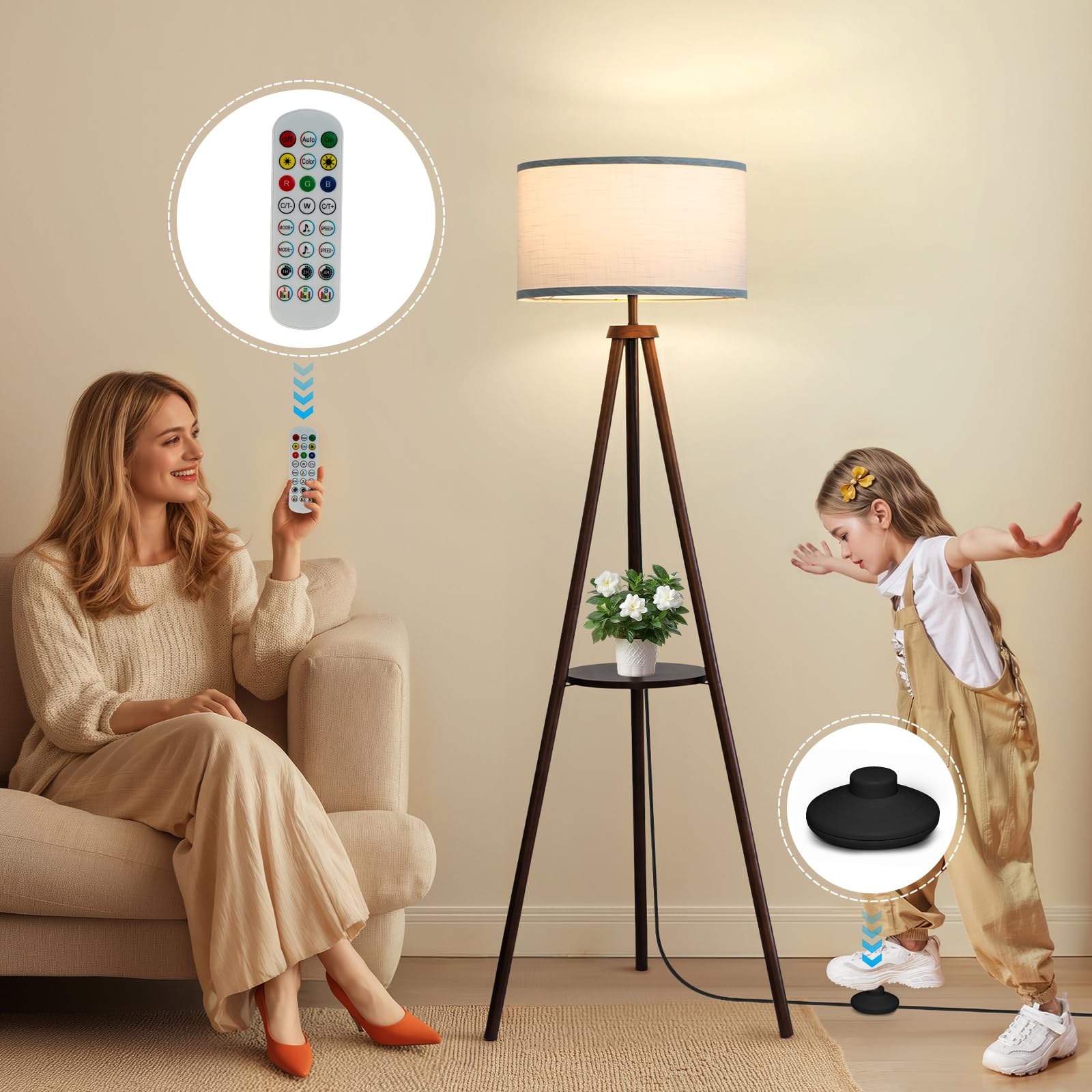 Eoeyyoyb Floor Lamp With 3 Light Modes Adjustable- Wood Tripod Floor Lamp Modern Led Standing Lamps With Dimmable Brightness, Pe