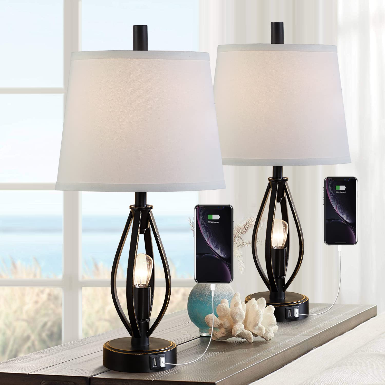 Dungoo Set of 2 Modern Farmhouse Table Lamps with 2 USB Ports Pulg in Industrial Lamp with 2 LED Nightlight Bulbs Open Column Be