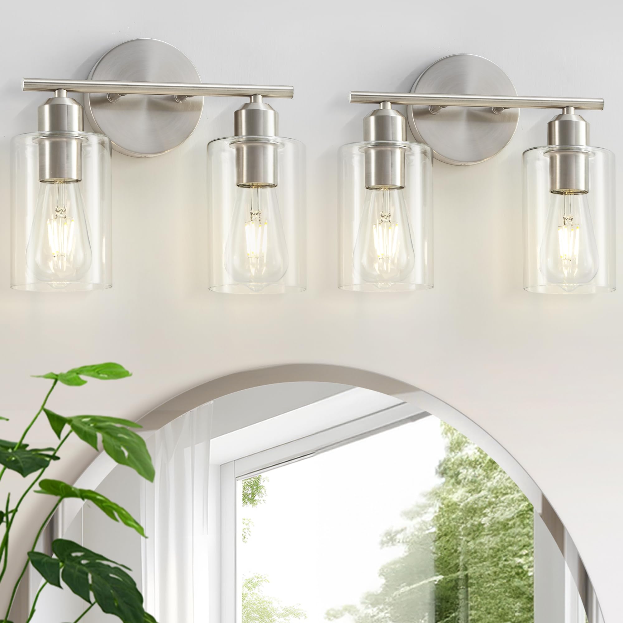 Seable 2-Light Brushed Nickel Bathroom Vanity Lights, Modern Wall Sconce With Clear Glass Shade