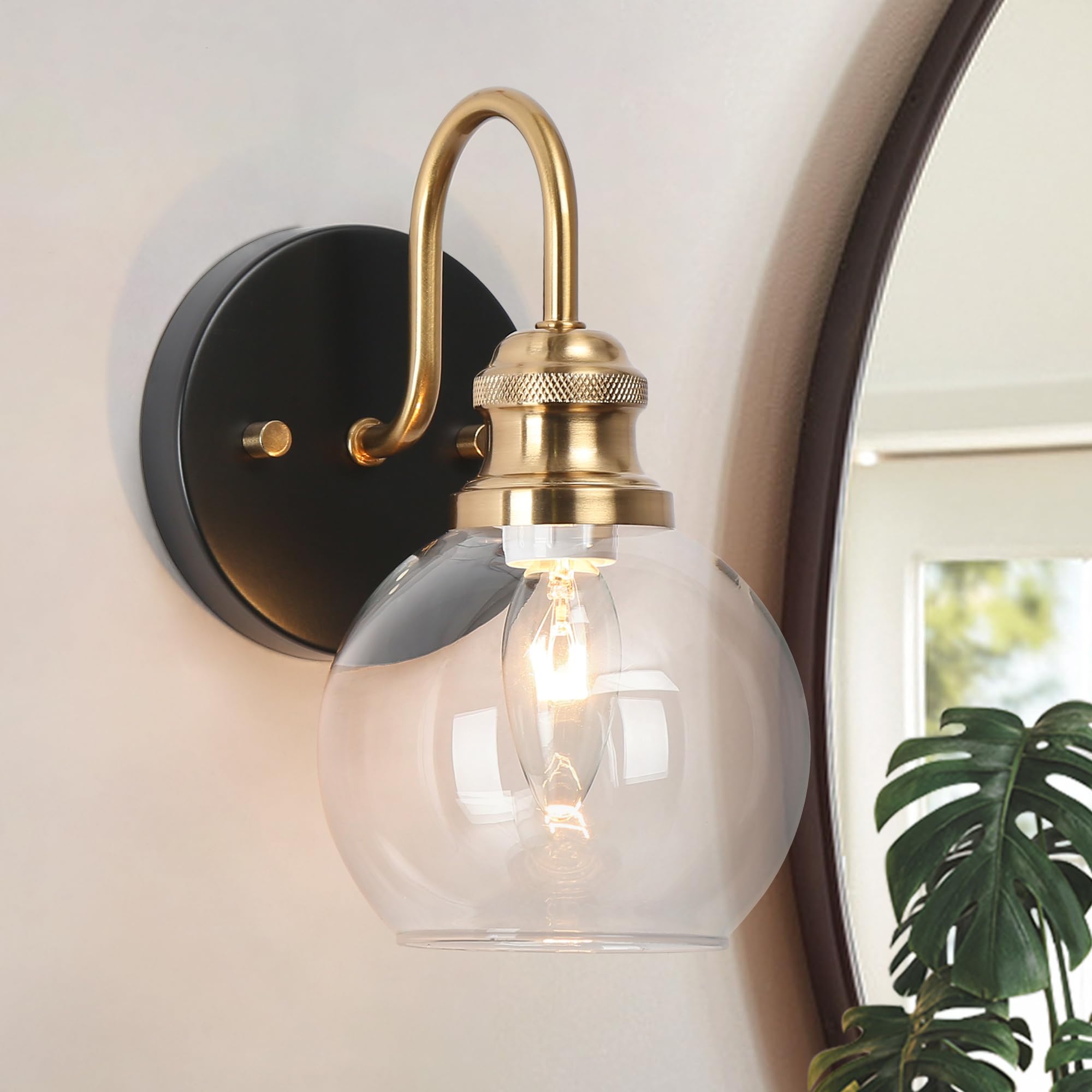 KSANA Black Gold Sconce, Modern Globe Wall Sconces Lighting with Clear Glass Shade, 1-Light Brass Wall Mounted Light Fixture for