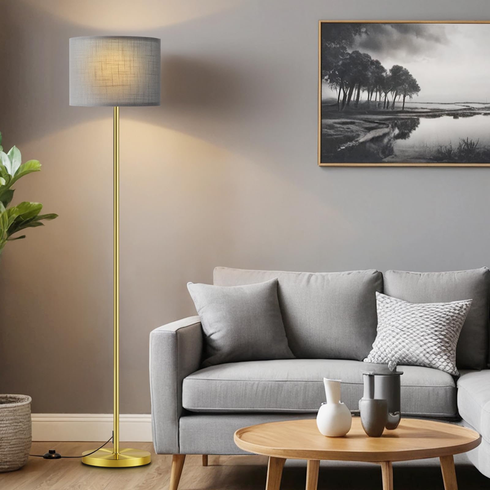 Ambimall 60in  Modern Floor Lamp with Linen Grey Shade, Brushed Gold Pole, Model RPT-ZGB128