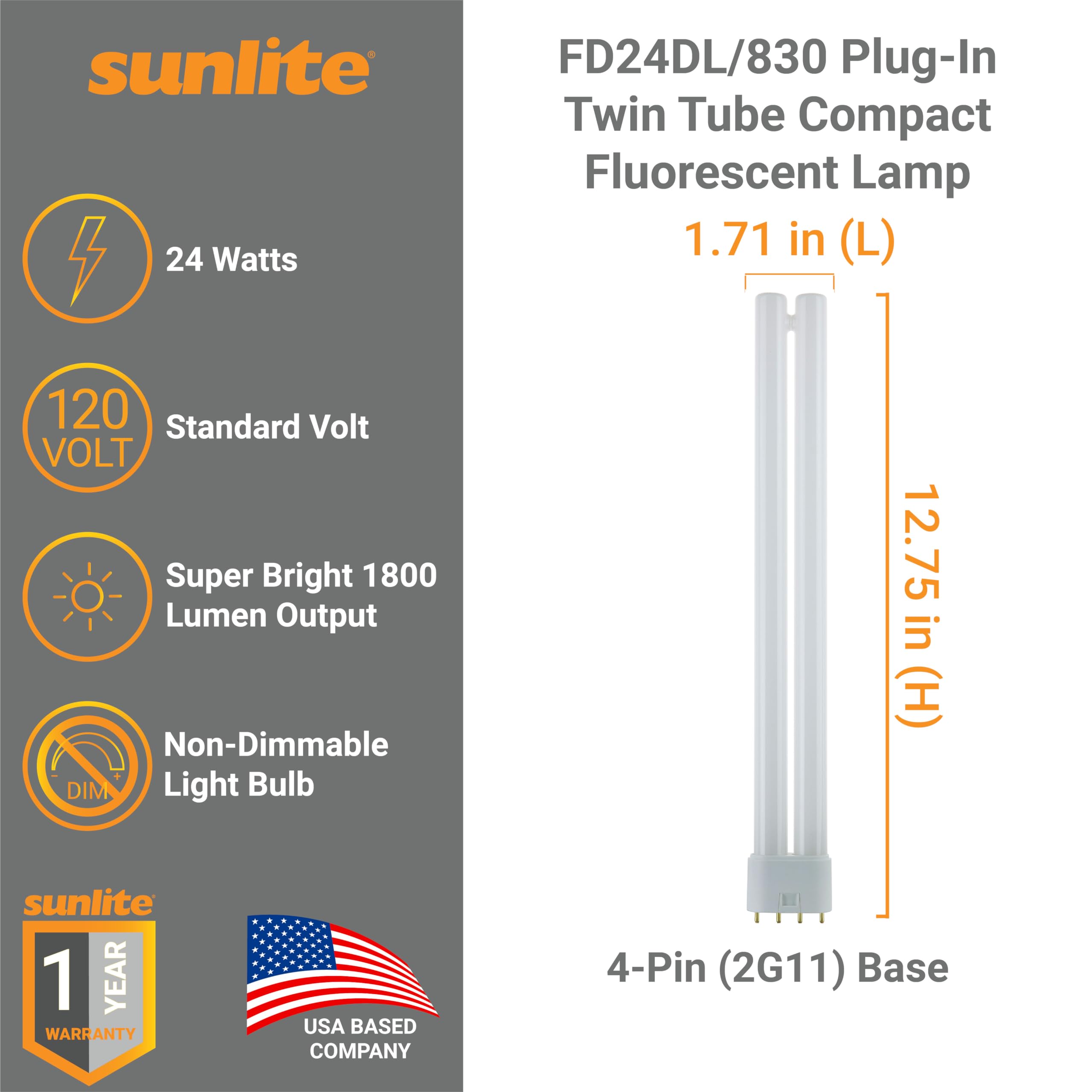 Sunlite FT24DL/830 Compact Fluorescent Lamp, 24W, 1800 Lumens, 3000K Warm White, 4-Pin (2G11), 120