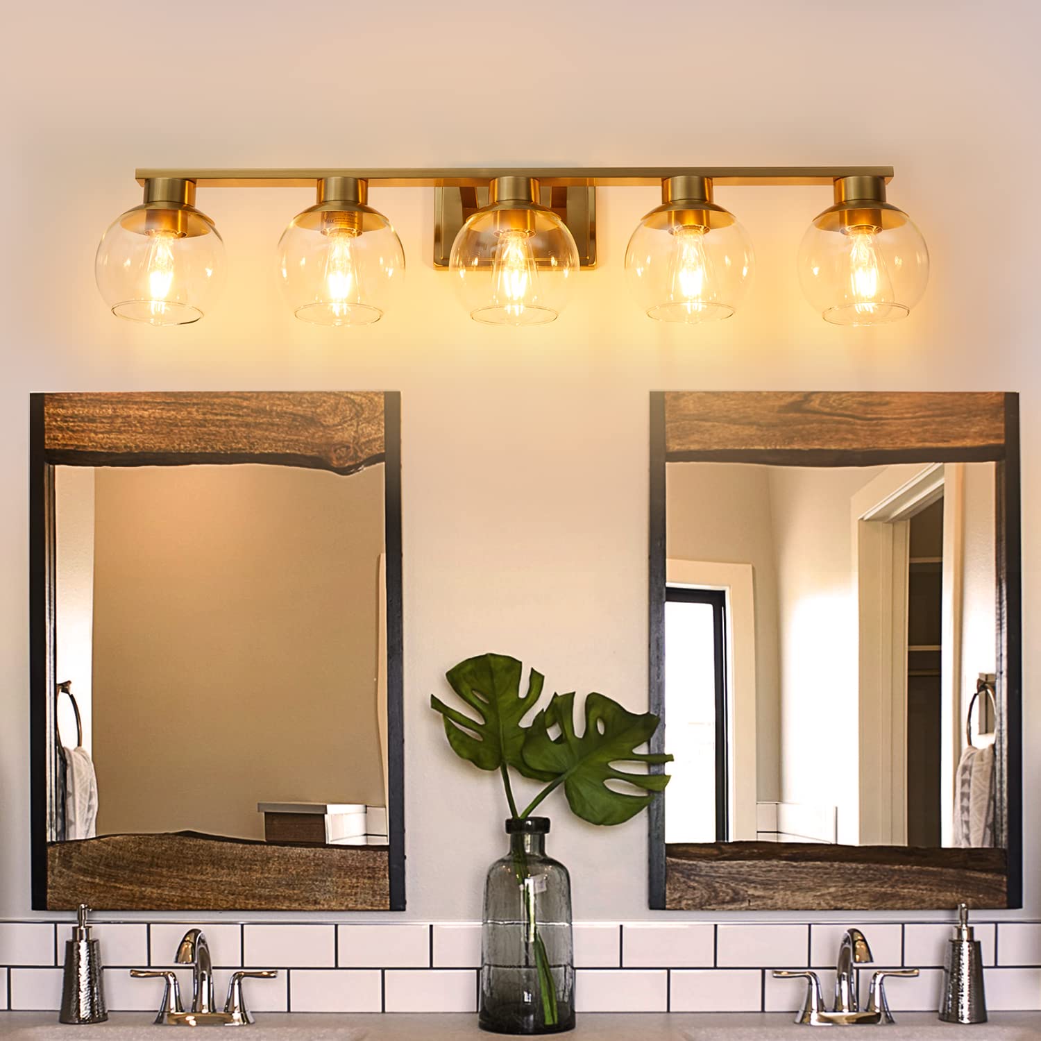 PAZALA 5 Light Bathroom Vanity Light Fixture Over Mirror 37 in Globe Glass Shade Brushed Brass 1698-5-JS