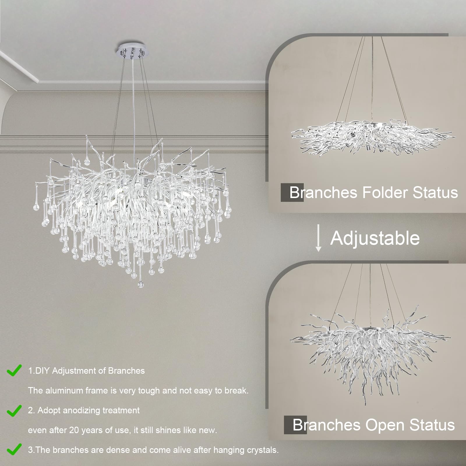 Niuzdu Chandeliers For Dining Room - 23.6'' Modern Silver Crystal Chandelier, Round Tree Branch Raindrop Chandelier, Foyer Chand