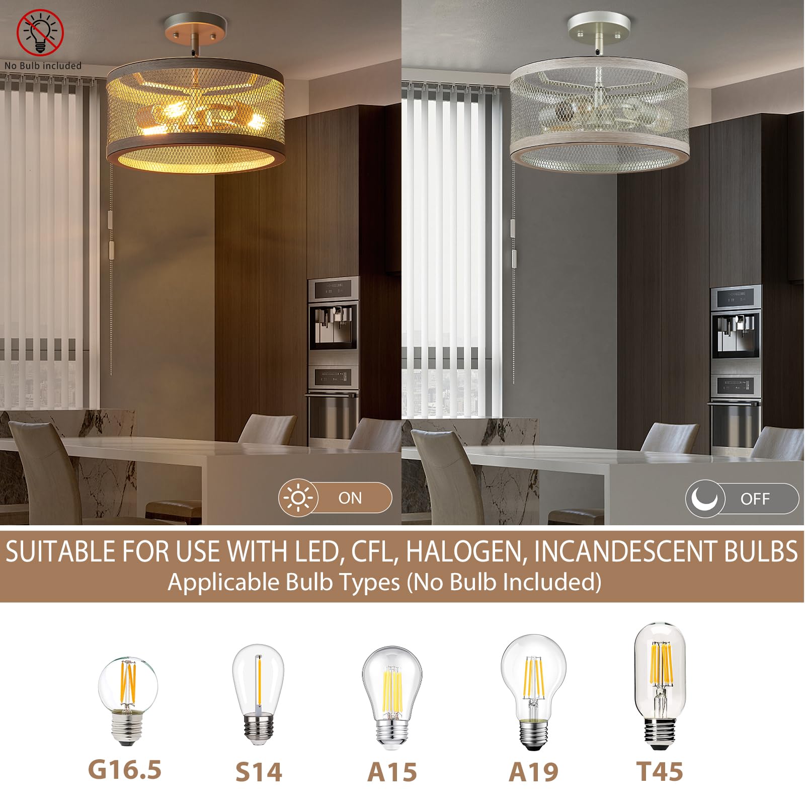 peskoe Modern Farmhouse 22'' Drum Chandelier - Nickel Metal & Wood Grain Pendant Light for Dining Room, Living Room, Kitchen, Bedroom