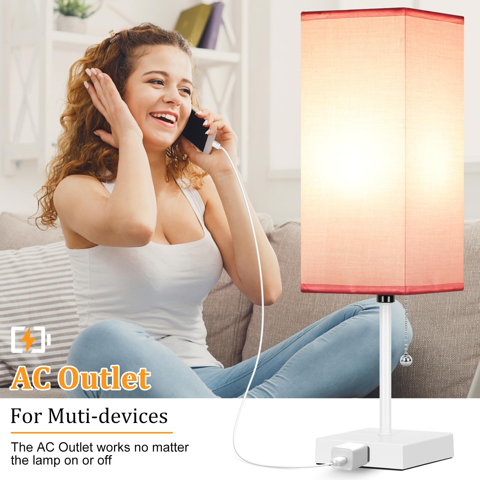 Dott Arts Table Lamp Set of 2, 18in Plastic Nightstand Lamps with Pull Chain, 3 Colors, White-Pink, Model PTL6W-025