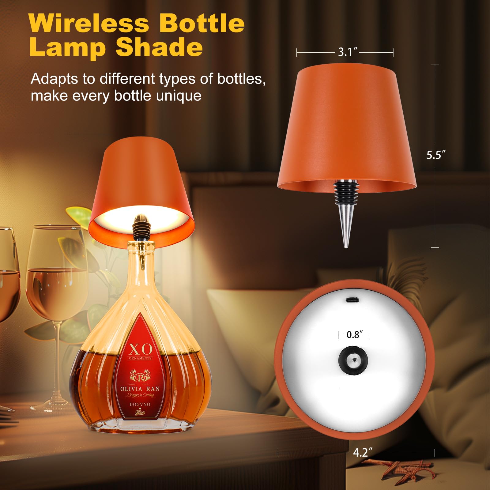 Soudfk Wireless Bottle Lamp, 2025 New 3 Color Rechargeable Wine Bottle Lights For Bars Restaurants (Orange, 1Pc)
