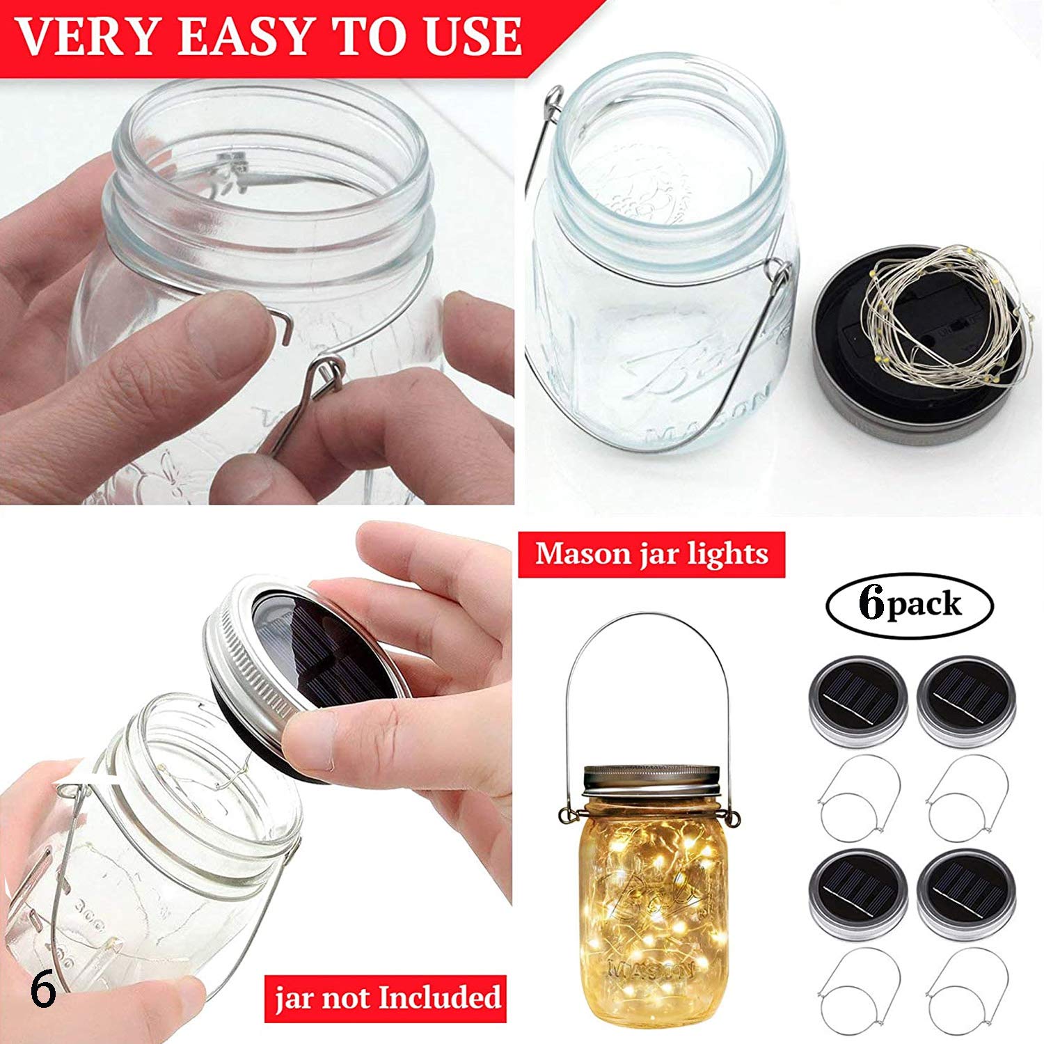 VOOKRY Solar Mason Jar Lights - 30 LED Warm White Fairy Lights, 6 Pack, Outdoor Waterproof for Patio Garden Wedding Decoration