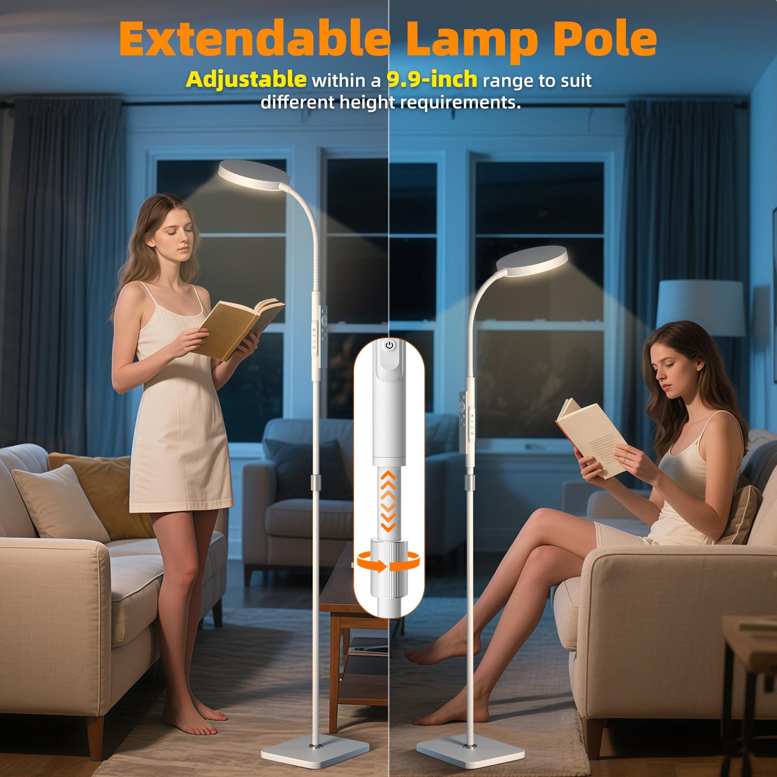 PACOVY Adjustable Height Floor Lamp, LED Dimmable Gooseneck, Copper, 1 Pack, White, Model ADJ-01
