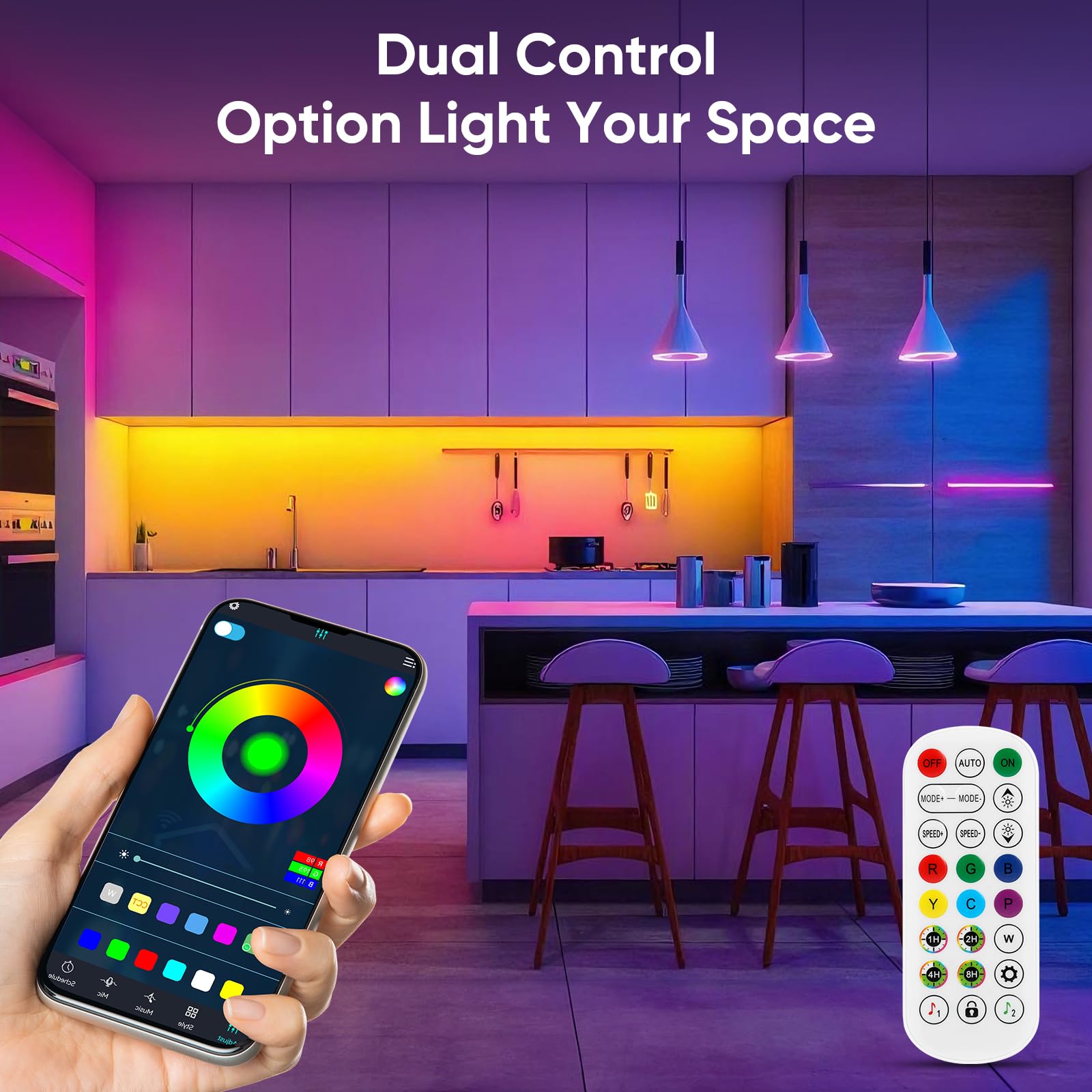 ERBTY LED Strip Lights, 130FT (2 Rolls of 65ft), RGB Color Changing, Music Sync, 24-Key Remote, PVC, Multicolor