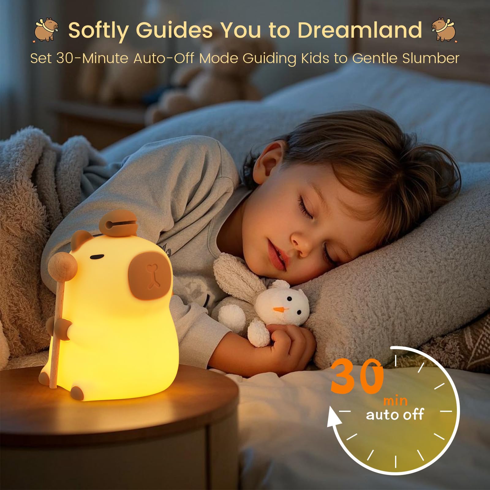 MOKYDUO Capybara Nursery Night Light, 7-Color RGB Mood Light & 3-Level Dimmable Warm Light, Tap Control, 30Min Timer, 100% Safe