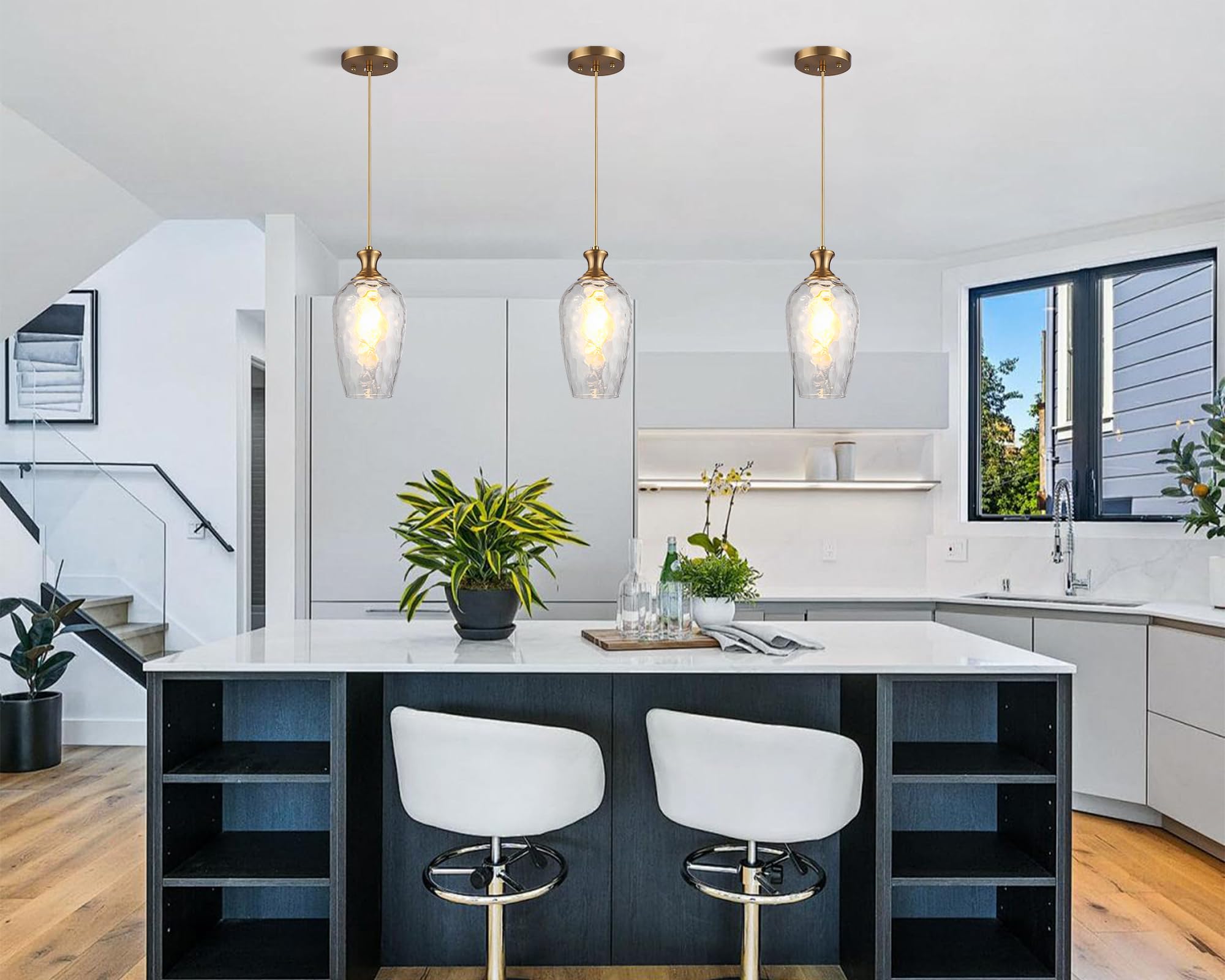 Saduenfr 2 Pack Glass Pendant Lights Kitchen Island Gold Vintage Pendant Light Hand-Blown Hammered Clear Glass Hanging Light Fix