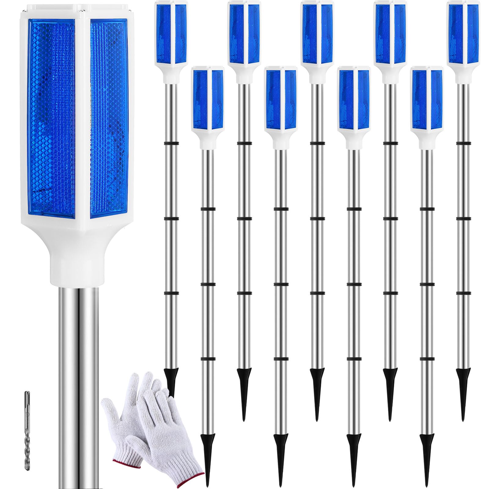 Baquler Solar Powered Driveway Markers, 10 Pcs Reflective Lights with Drill Bit & Gloves, Blue, Model Markers-Baquler-06